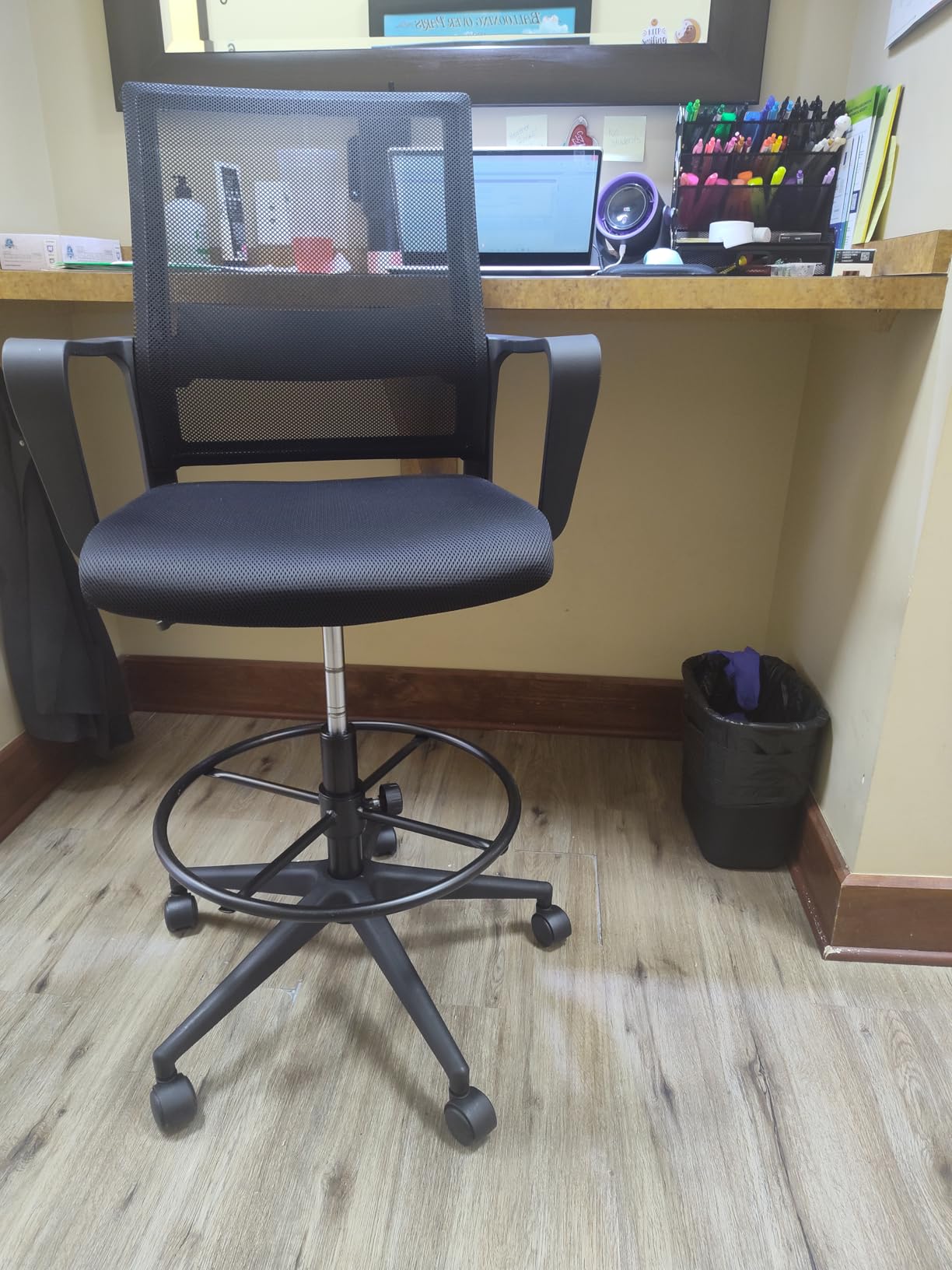 BestOffice Drafting Chair Tall Office Chair Adjustable Swivel Rolling Mesh Height with Lumbar Support Arms Footrest Mid Back for Adults Standing Desk Drafting Stool (Black) customer photo 1