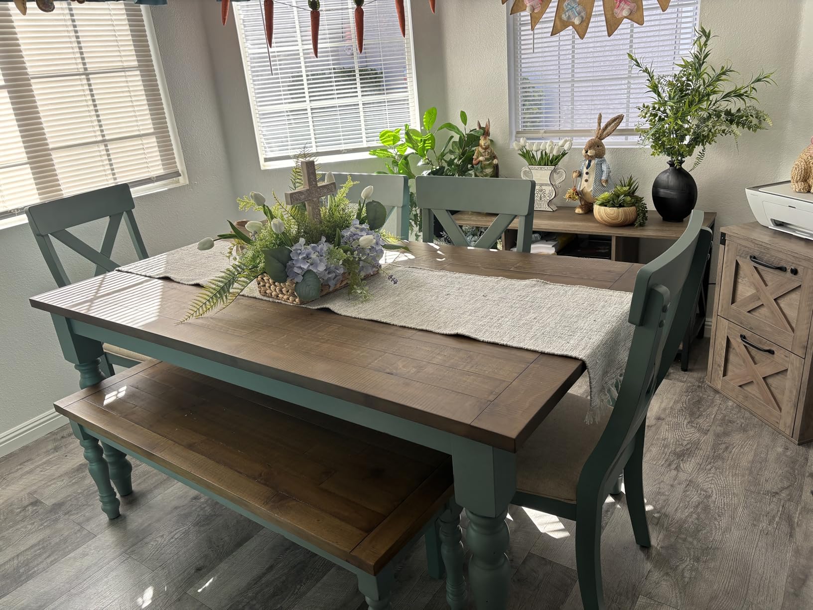 Roundhill Furniture Prato 6-Piece Dining Set, Dining Table with 4 Cross Back Chairs and Bench, Antique White and Distressed Oak Finish customer photo 1