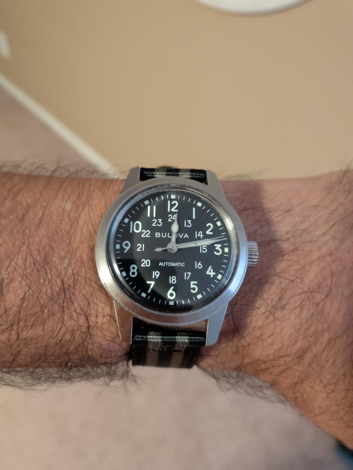 Bulova Men's Military Heritage Hack Veteran's Watchmaking Initiative Watch in Stainless Steel with 3-Hand Automatic, Green NATO Strap Style: 96A259 customer photo 1