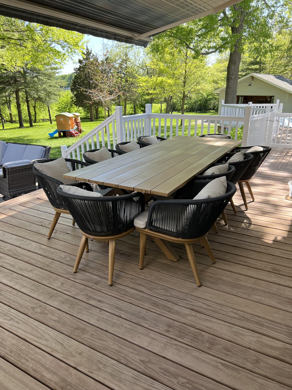 PURPLE LEAF 7 Pieces Patio Dining Set Wicker Outdoor Furniture Rectangular Table and Chairs Set for Garden Deck Teak-Finish Aluminum Frame Backyard Kitchen Set, Cushions and Pillows Included customer photo 2