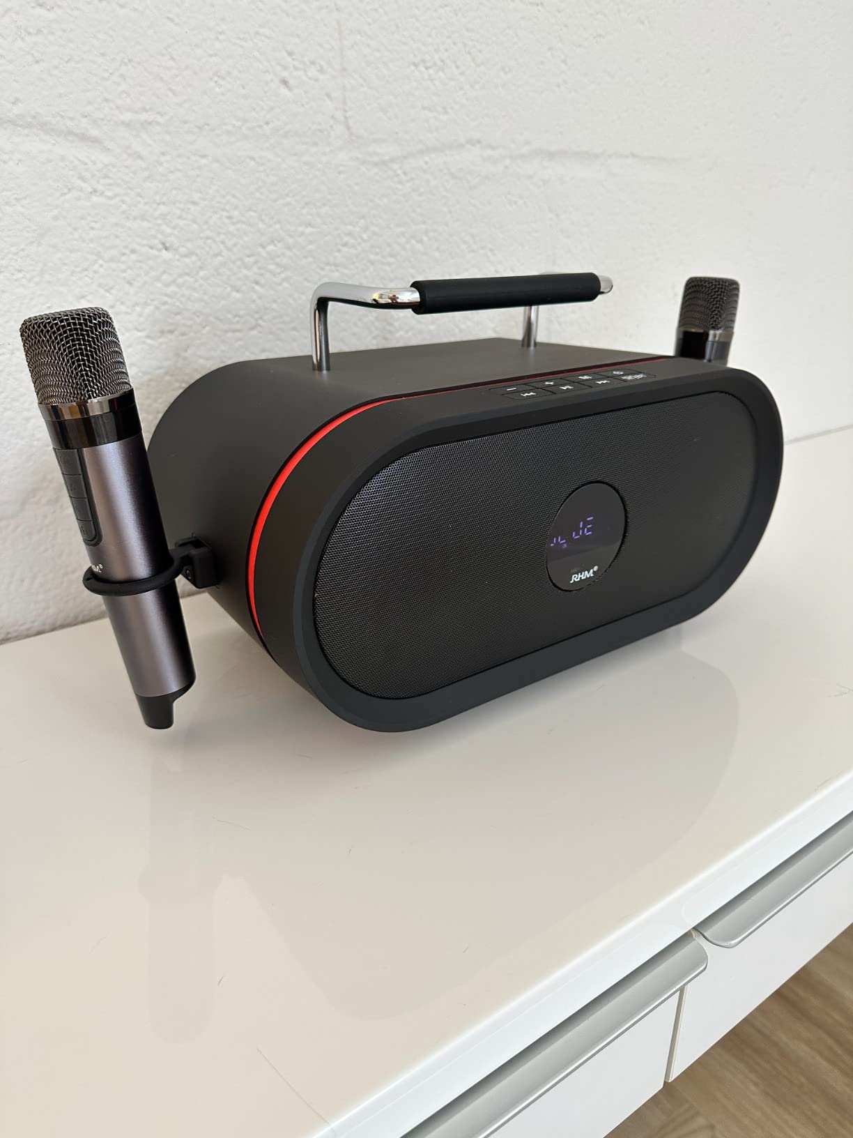 RHM K666 Karaoke Machine with 2 UHF Wireless Mics & Voice Beautifier, 60W Balanced Audio, 8H Playtime, Built-in Handle for Backyard BBQ, Camping & Outdoor Events, Bluetooth/AUX/USB/PC Support customer photo 1
