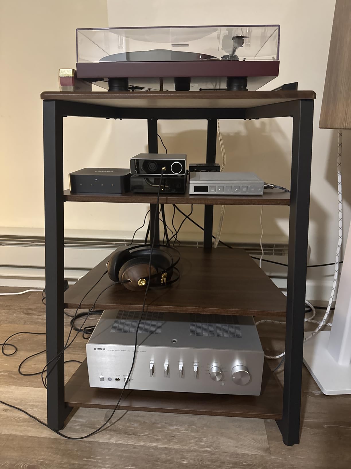 FITUEYES 4-Tier AV Media Stand Corner Shelf for Record Player Wooden Stereo Cabinet Audio Rack Tower with Height Adjustable Wooden Shelves for PS4 (Walnut) customer photo 2