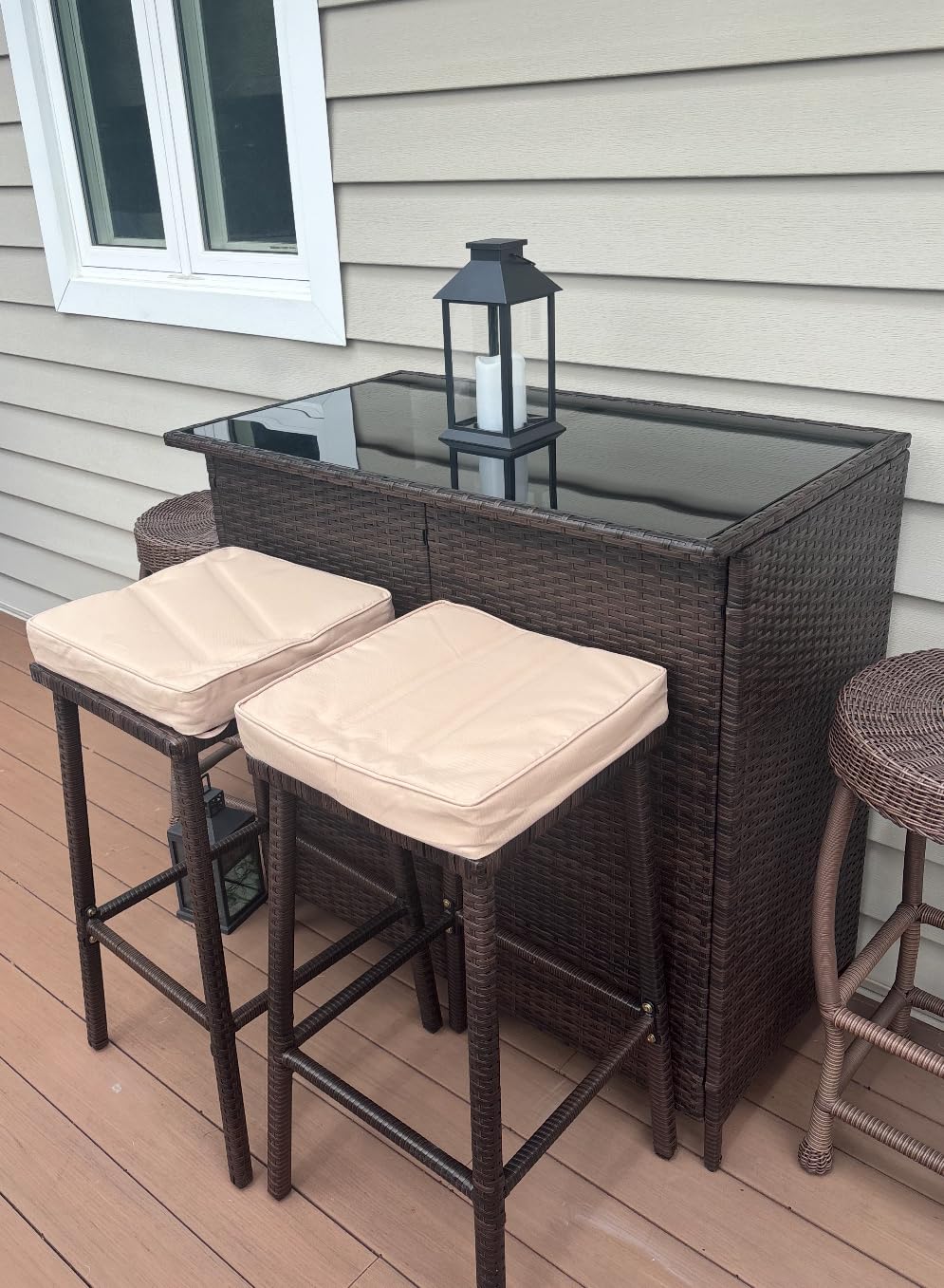 Yaheetech 3pcs Outdoor Bar Set, Patio Wicker Bar Furniture with 2 Storage Shelves, Glass Top Table, Cushions and Two Stools, Brown/Khaki customer photo 2