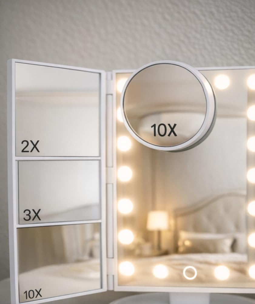 HUONUL Makeup Mirror, Vanity Mirror with Lights, 2X/3X/10X Magnification, Touch Control, Trifold, Dual Power Supply, Birthday Gifts for Women, Wife, Mom, Girls,Dorm Room Essentials customer photo 2