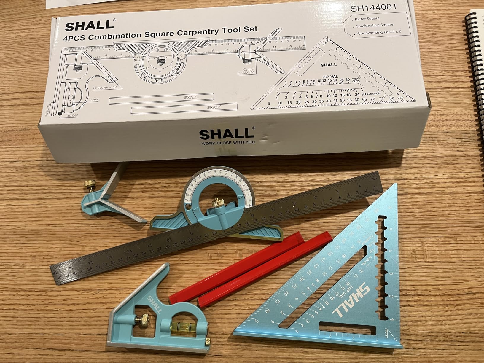 SHALL Rafter Square & Combination Square Tool Set, 7 Inch Aluminium-Alloy Carpenter Square & 16 Inch Zinc-Alloy Woodworking Framing Combo w/Stainless Steel Ruler, 2 Carpentry Pencils, Scriber customer photo 1