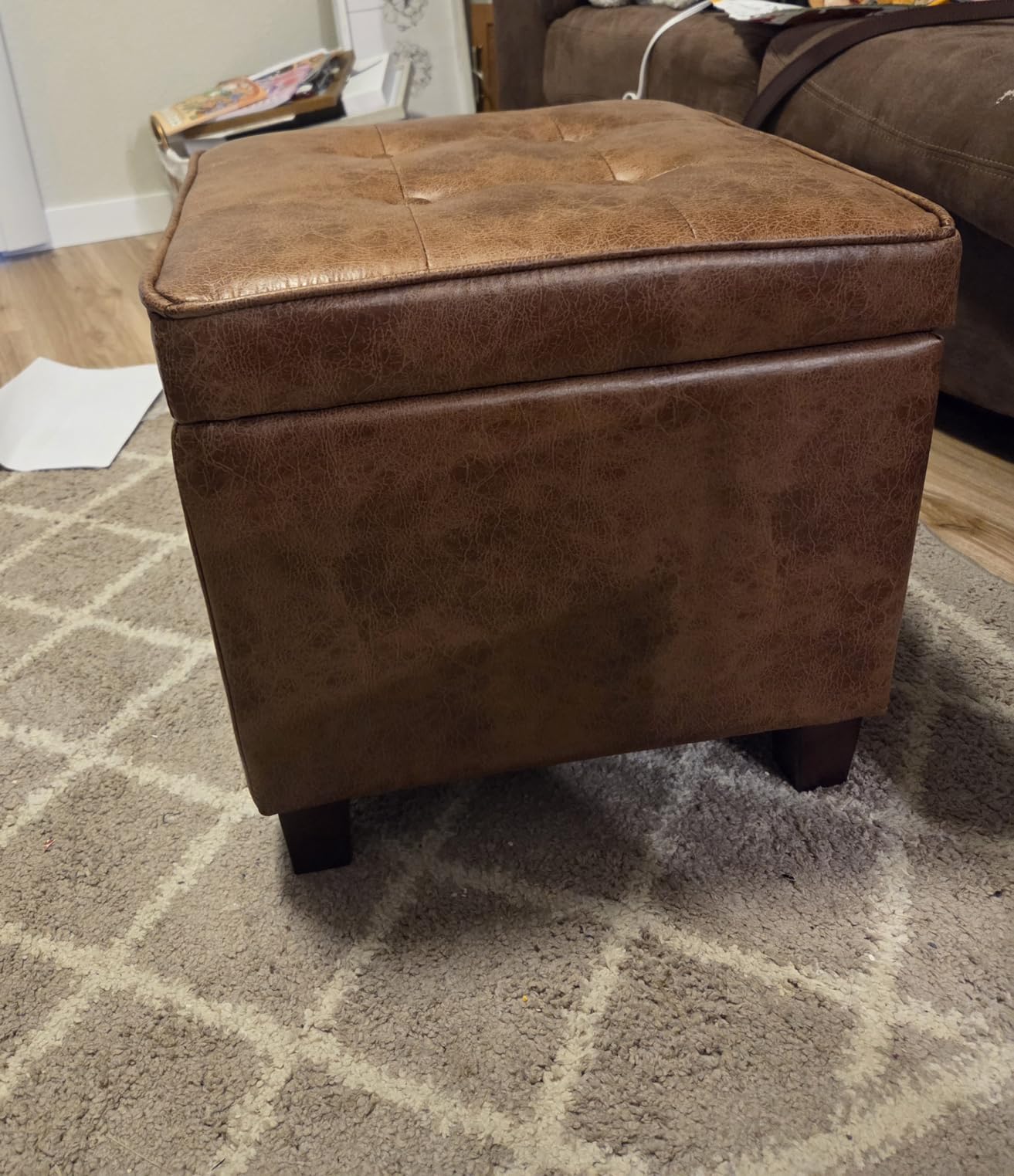 HomePop Square Tufted Storage Ottoman - Distressed Brown Faux Leather Small customer photo 2