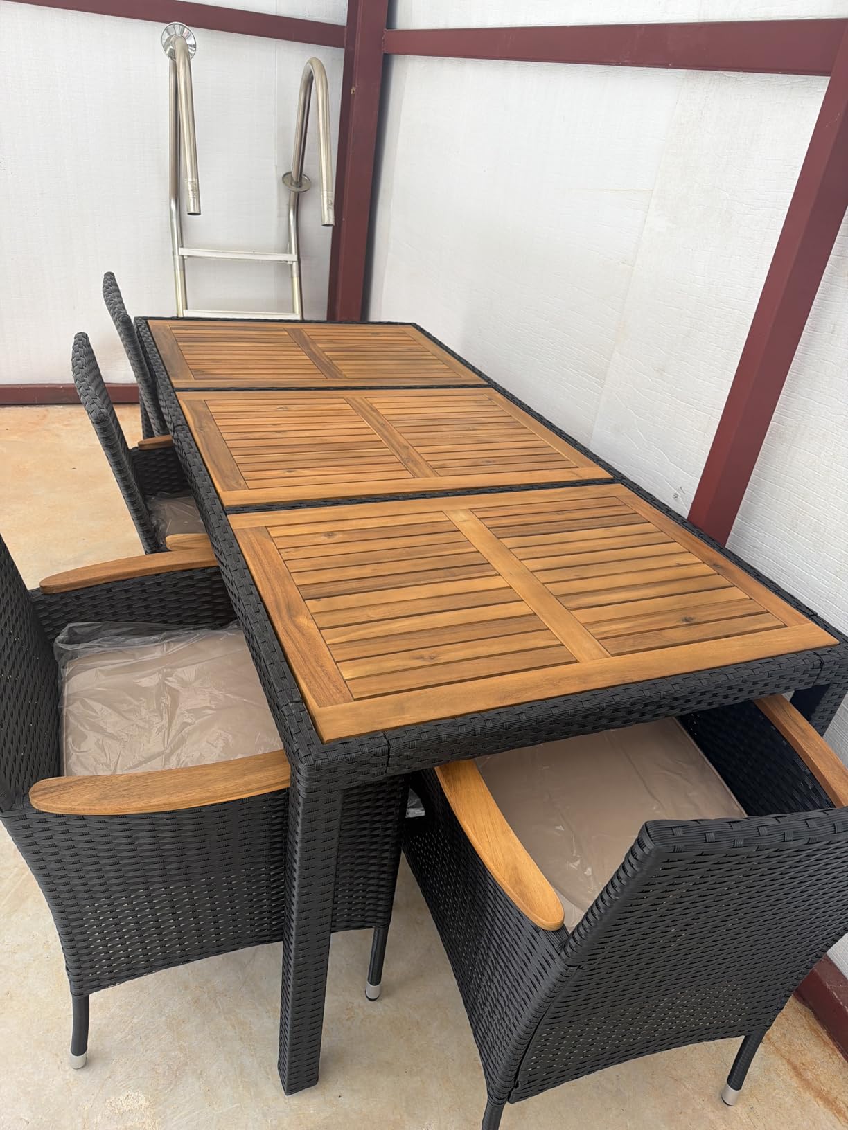 Devoko Dining 7 PCS Furniture, Patio Conversation Set with Acacia Wood Table Top, Outdoor, Beige Cushion and Black Rattan customer photo 2