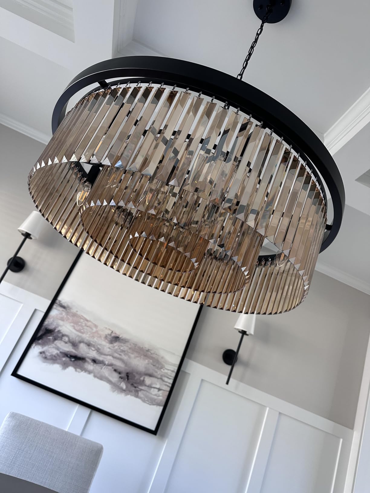 Wellmet Crystal Chandeliers for Dining Room,9 Lights Modern Black Crystal Pendant Light,Farmhouse Chandelier for Bedroom,Ceiling Lighting Fixture for Kitchen Island,Living Room,Hallway,W-33.46