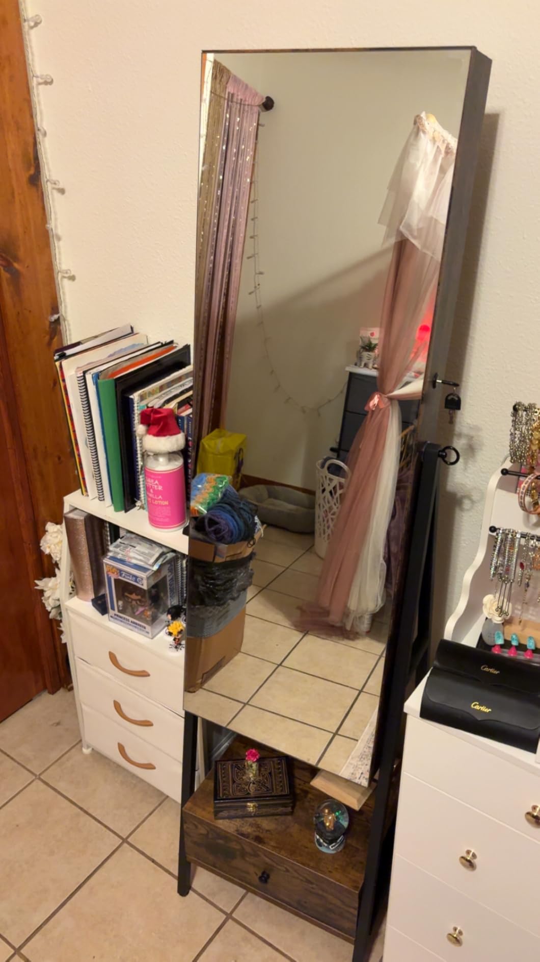 SONGMICS LED Cabinet Standing, Lockable Jewelry Armoire with Full-Length Mirror, Space-Saving Jewelry Organizer with Mirror, Bottom Drawer and Shelf, Rustic Brown UJJC025X01 customer photo 2
