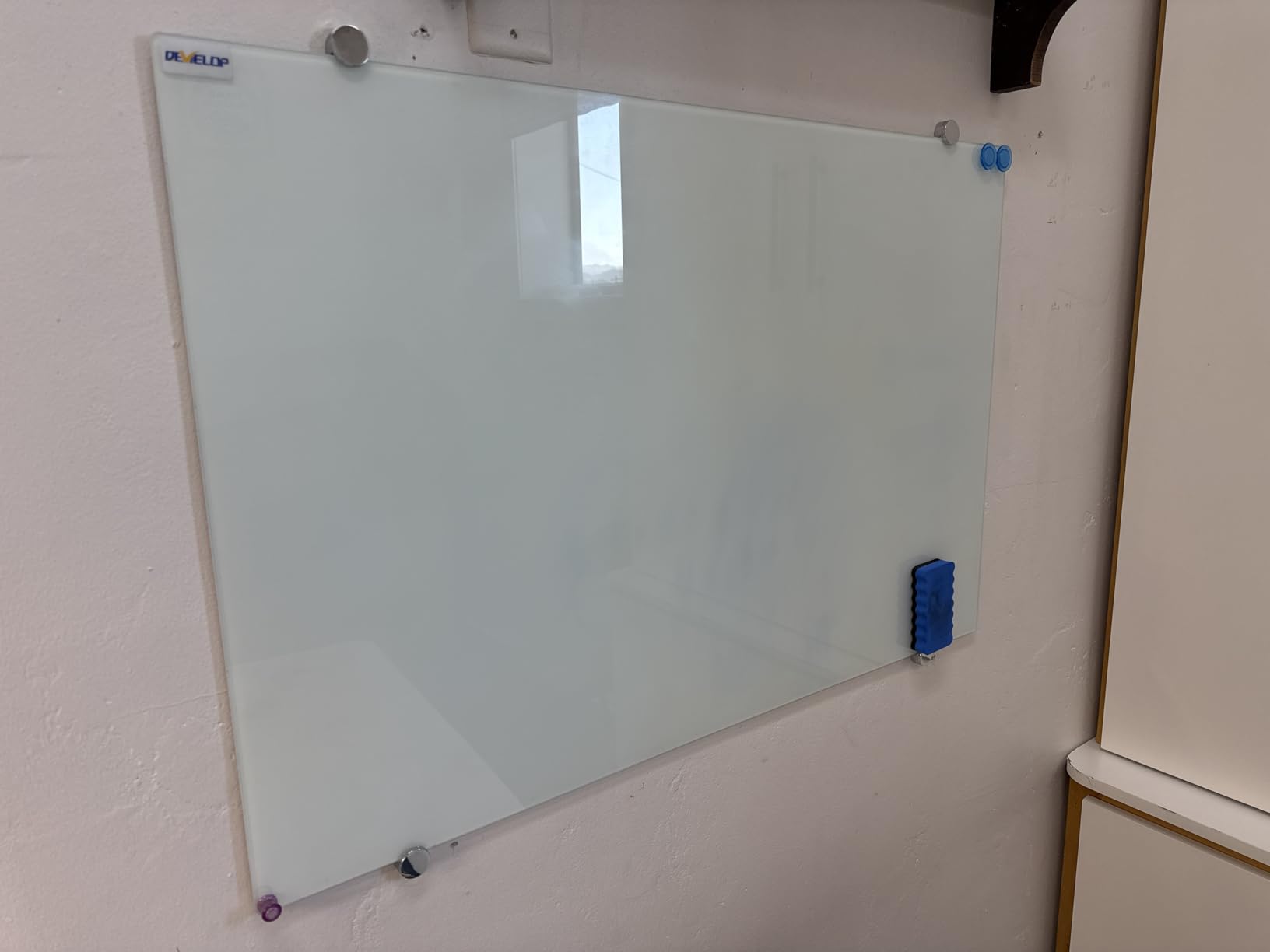 DEVELOP Magnetic Glass Whiteboard, 24 x 18 Inches (60 x 45 cm), Small Tempered Glass Dry Erase Board for Wall, Frameless Whiteboards with Marker Tray, 4 Markers, 2 Magnets, 1 Eraser customer photo 1