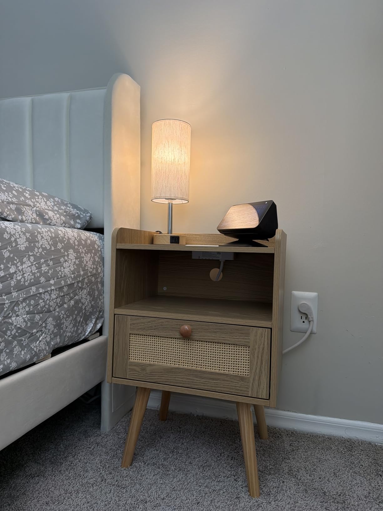 SUPERJARE Nightstands Set of 2, Night Stands with Charging Station & PE Rattan Decor Drawer, Bed Side Tables with Solid Wood Feet, End Table, for Bedroom, Living Room - Natural customer photo 2