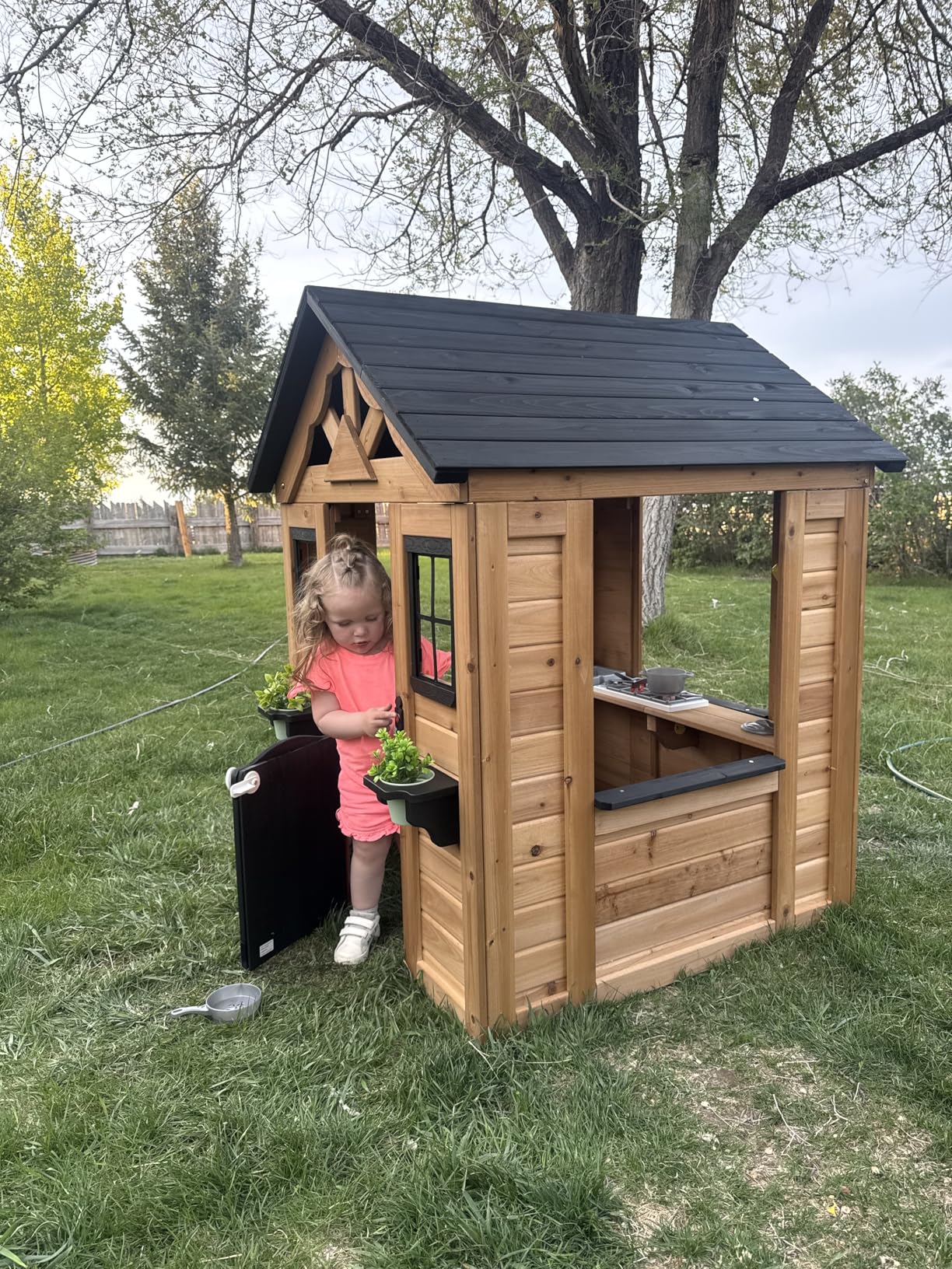 Backyard Discovery Sweetwater White Cedar Wooden Kids Playhouse Cottage with Play Kitchen, Snack Bar, Half Door, Toy Phone, Windows, Flowerpot Holders, Working Doorbell for Outdoor Imaginative Play customer photo 1