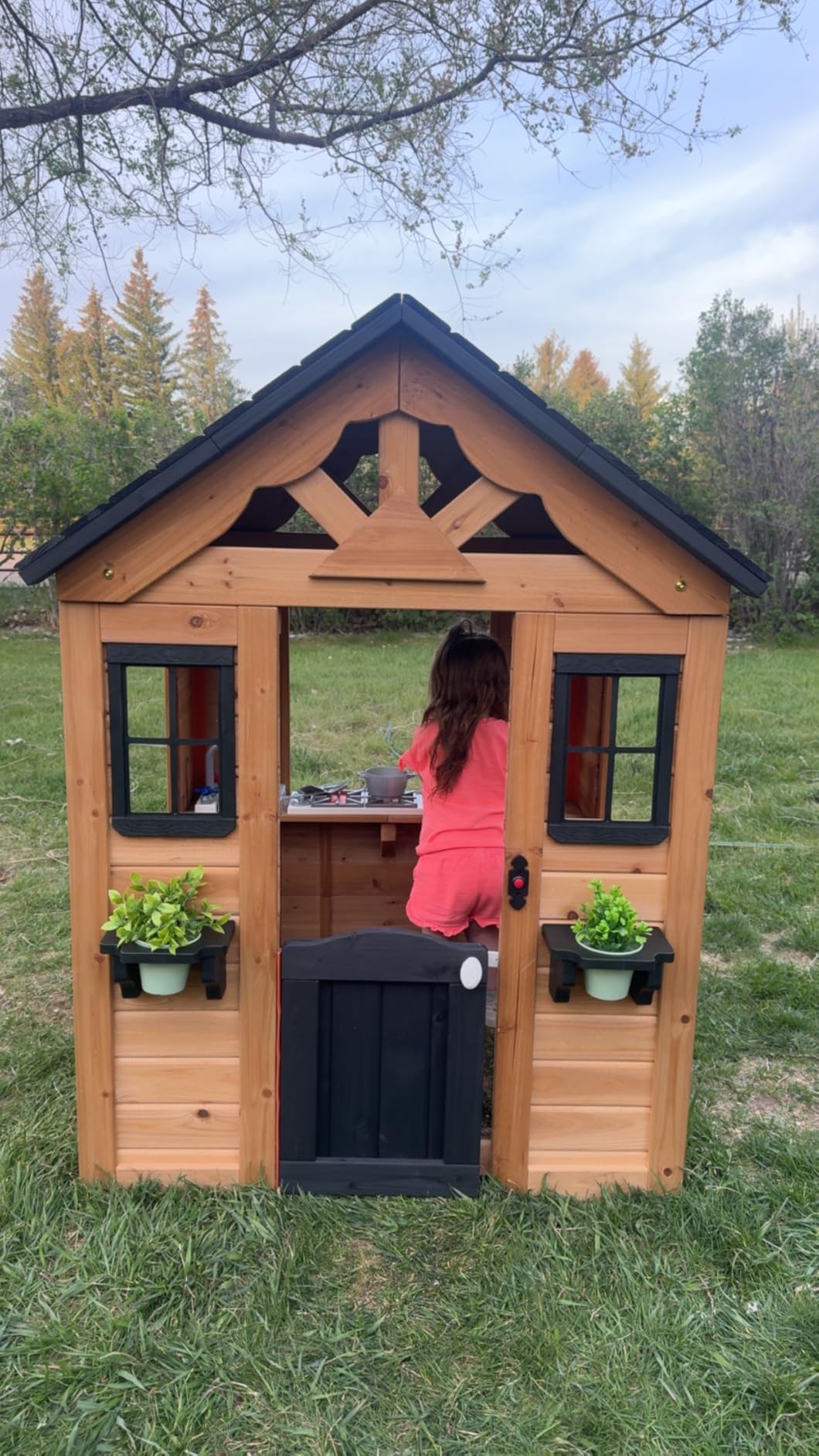 Backyard Discovery Sweetwater White Cedar Wooden Kids Playhouse Cottage with Play Kitchen, Snack Bar, Half Door, Toy Phone, Windows, Flowerpot Holders, Working Doorbell for Outdoor Imaginative Play customer photo 2