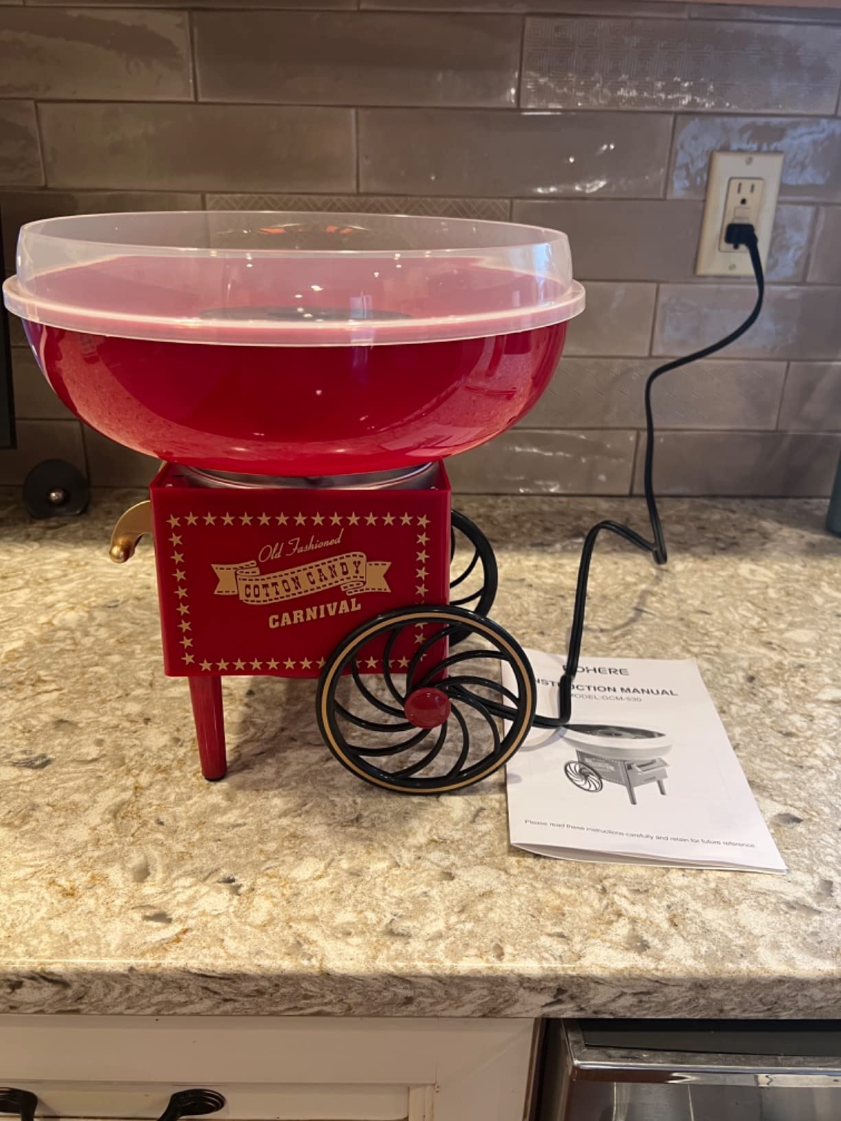 FOHERE Cotton Candy Machine for Kids, Countertop Cotton Candy Maker Homemade Candy Sweets for Birthday Parties, Includes a Scoop and 10 Candy Cones, Red Vintage customer photo 2