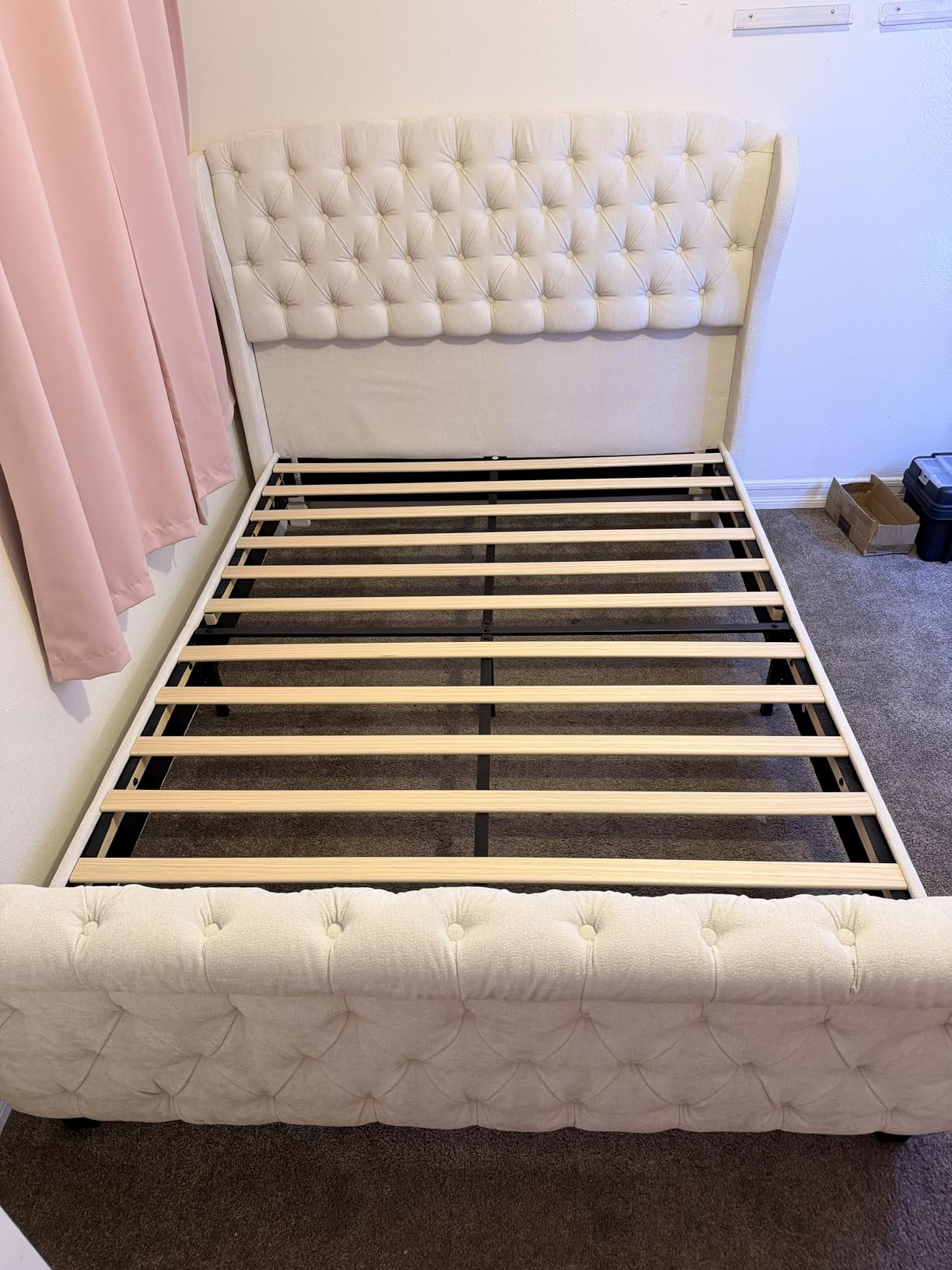 AMERLIFE Queen Size Platform Bed Frame, Chenille Upholstered Sleigh Bed with Scroll Wingback Headboard & Footboard/Button Tufted/No Box Spring Required/Cream customer photo 2