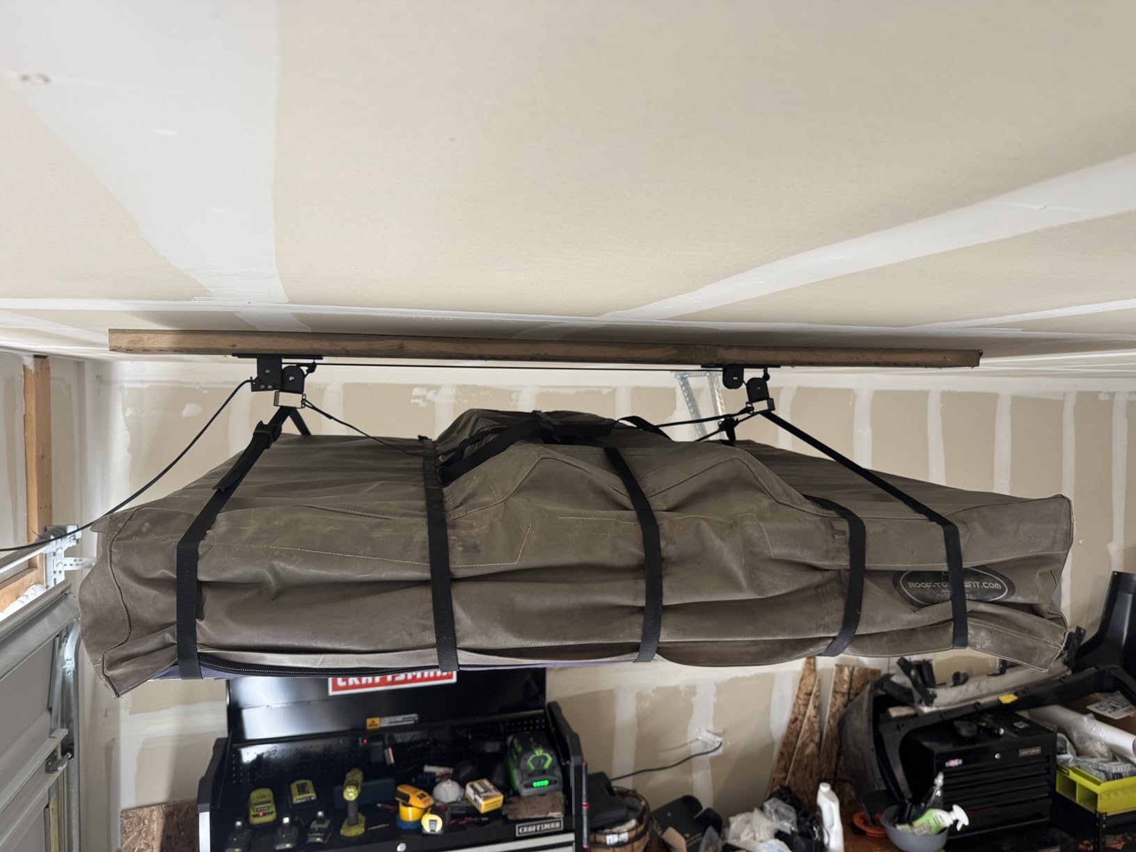 StoreYourBoard Cargo Box Pulley System - Heavy-Duty Garage Hoist Lift for Rooftop Carriers - Garage Storage & Garage Organization Ceiling Hoist with Pulley - Holds 150 lbs - Fits 8-10 ft Ceilings customer photo 2