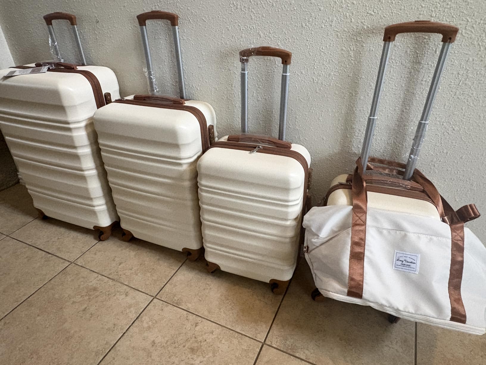 LONG VACATION 6 Piece Luggage Set Carry on Suitcase with ABS+PC Hardshell, Spinner Wheels & YKK Zipper TSA Lock (BEIGE-BROWN, 6 piece set) customer photo 2