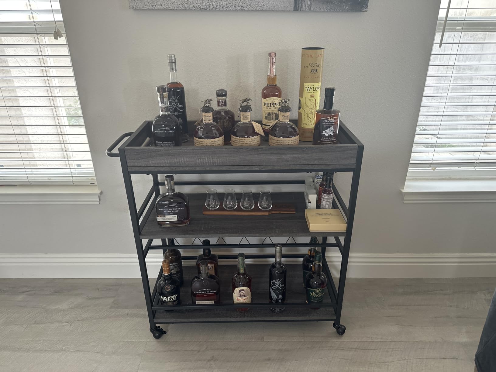 BON AUGURE Bar Cart for The Home, Rolling Home Bar Serving Cart on Wheels, 3 Tier Liquor Beverage Carts with Wine Rack and Glass Holder (Rustic Oak) customer photo 2