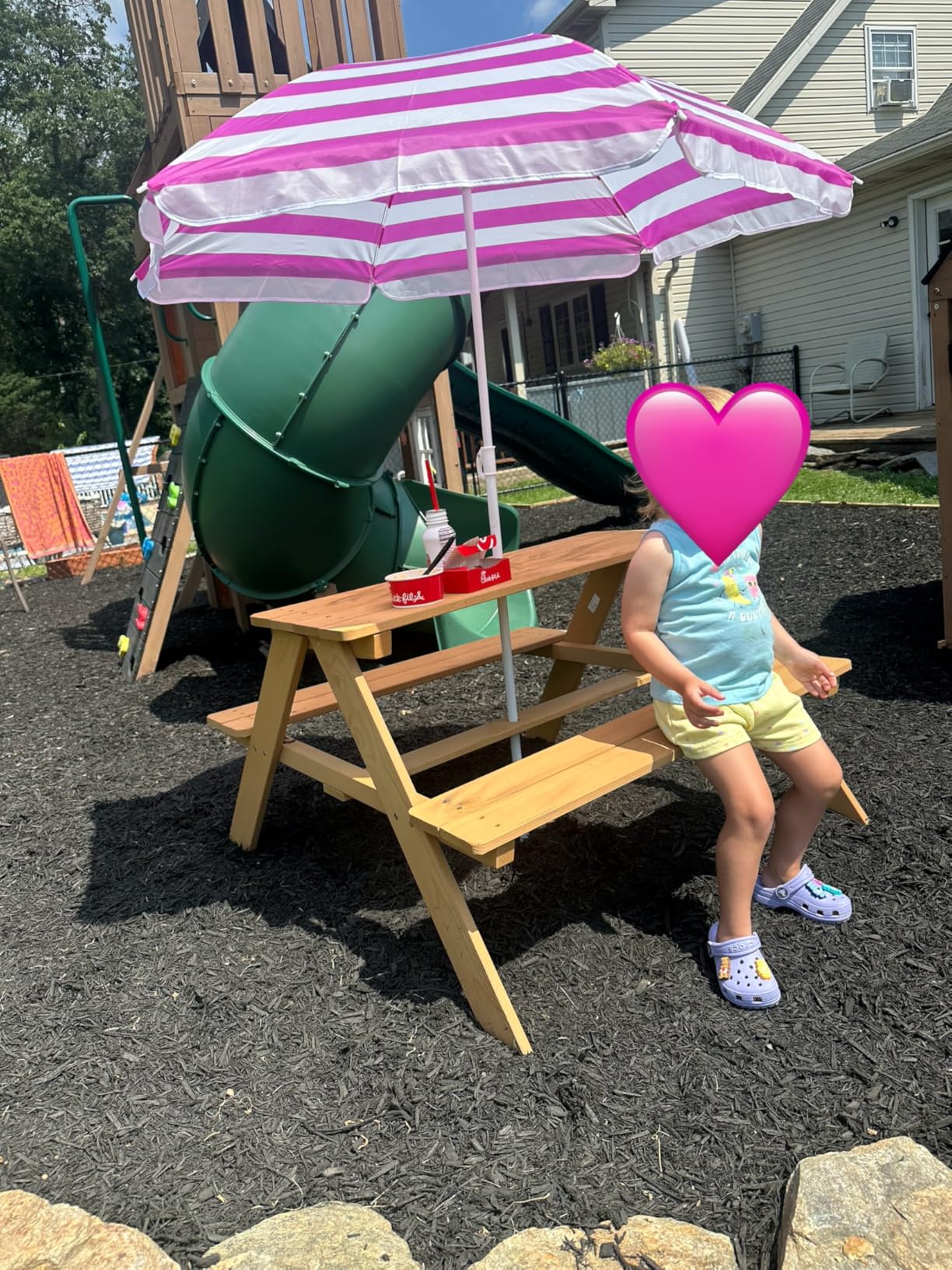 Best Choice Products Wooden Kids Picnic Table with Umbrella, Outdoor Activity Table Set with Built-in Benches, 220 lb Capacity per Bench - Golden Brown/Navy customer photo 1