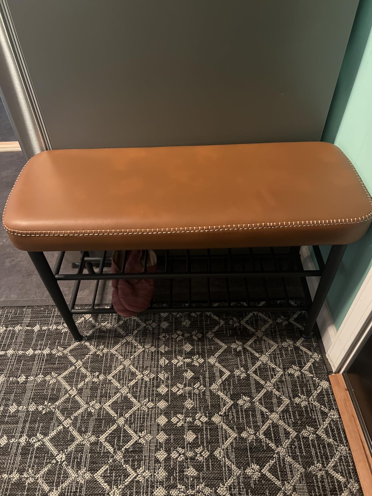 VASAGLE EKHO Collection - Shoe Rack Bench, Storage Bench for Entryway, Synthetic Leather with Stitching, Mid-Century Modern, Loads 300 lb, 11.8 x 31.5 x 19.7 Inches, Caramel Brown ULSB054K01 customer photo 1