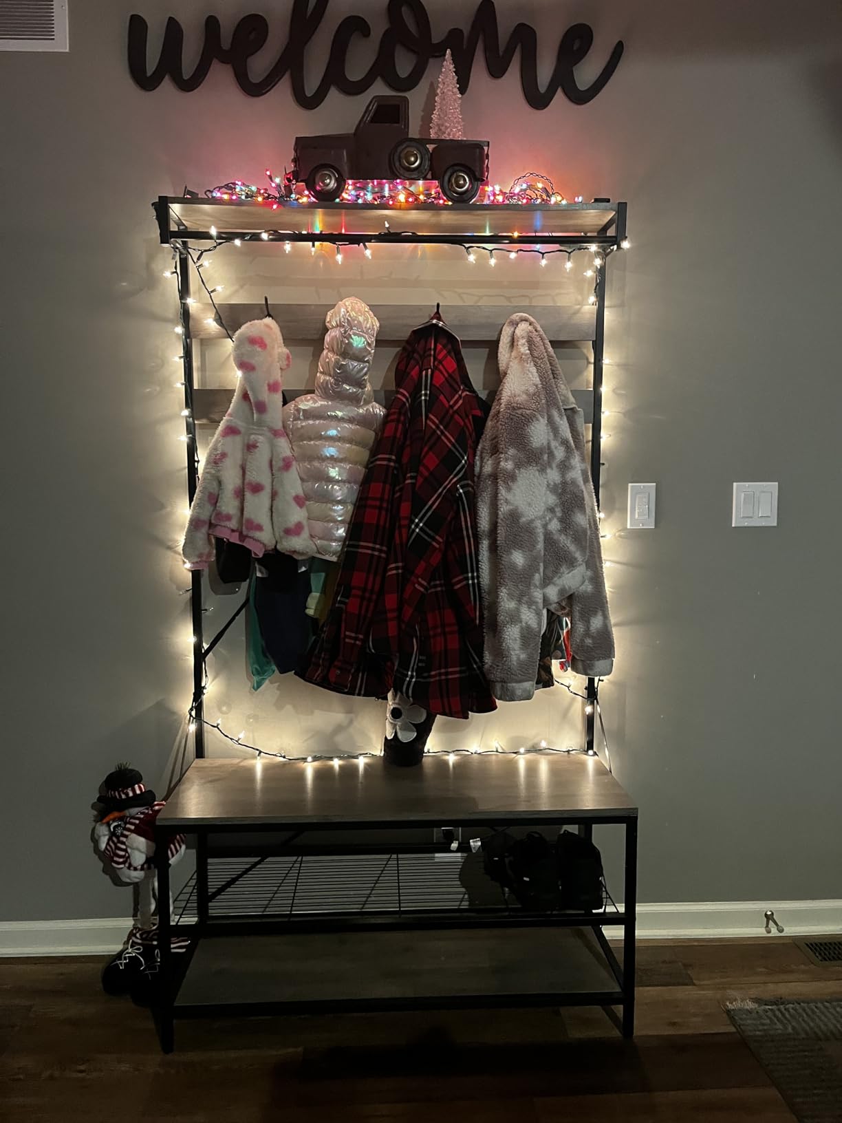 IDEALHOUSE Industrial Hall Tree with Bench and Shoe Storage, 3-in-1 Entryway Mudroom Organizer with 8 Coat Hooks, Heavy Duty Standing Clothes Rack for Hallway, Black customer photo 1