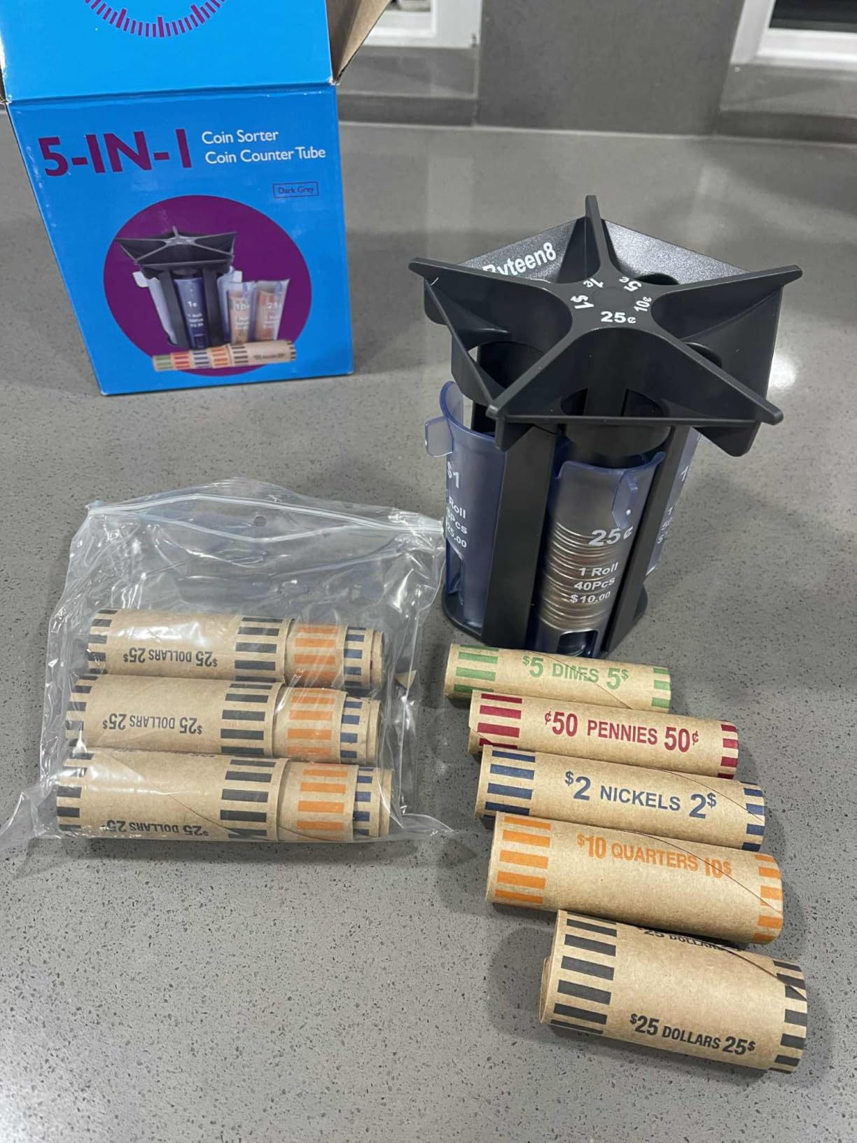 Byteen8 Coin Counter Coin Sorter Tube - Creative 5-in-1 Change Sorter Coin Organizer with Coin Wrappers customer photo 2