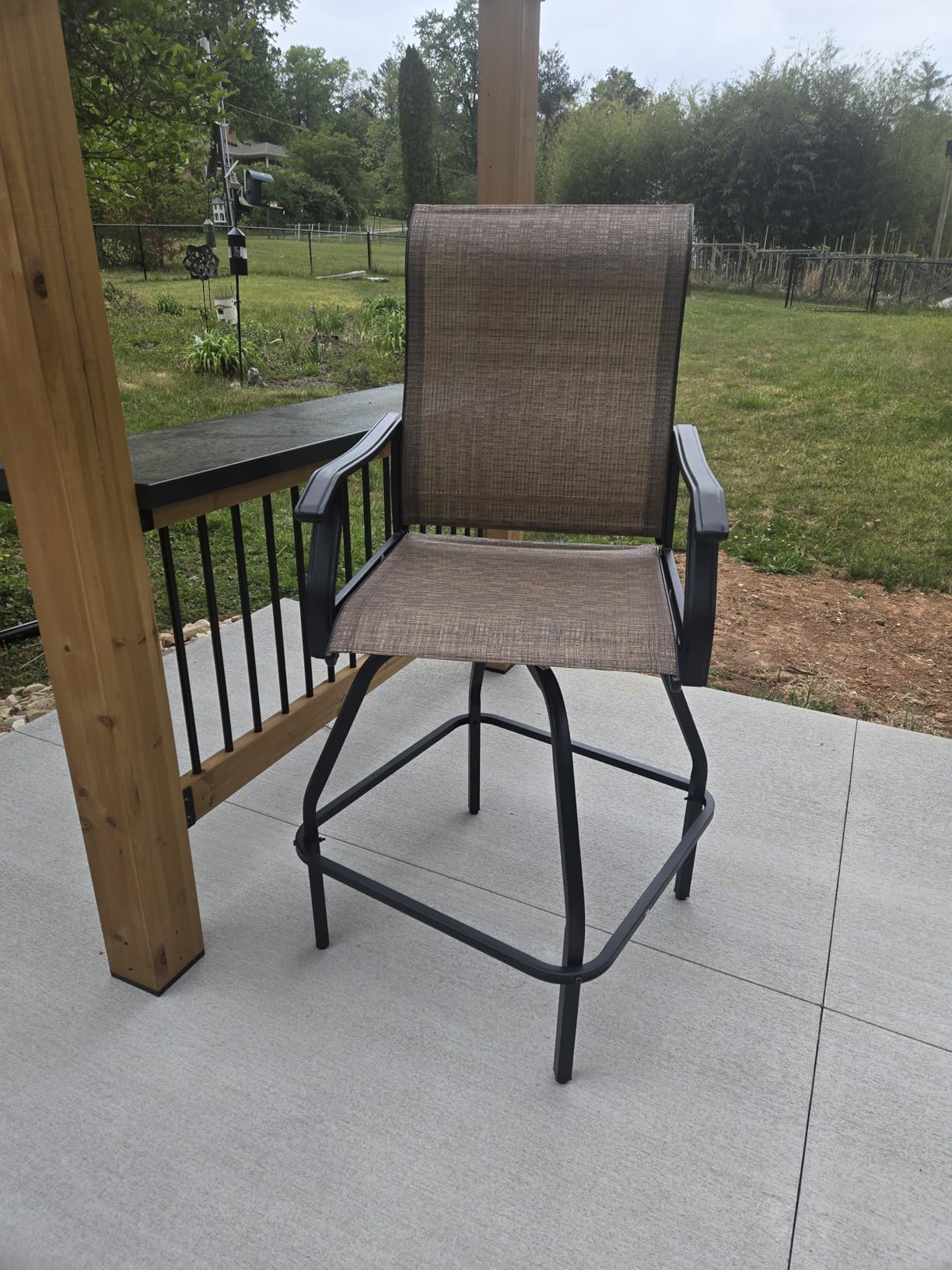 LEVELEVE Patio Bar Set 3pcs Swivel Bar Stools Outdoor Bistro Textilene Furniture Stability All-Weather Set with Height Table (3, Dark Brown Fabric) customer photo 2