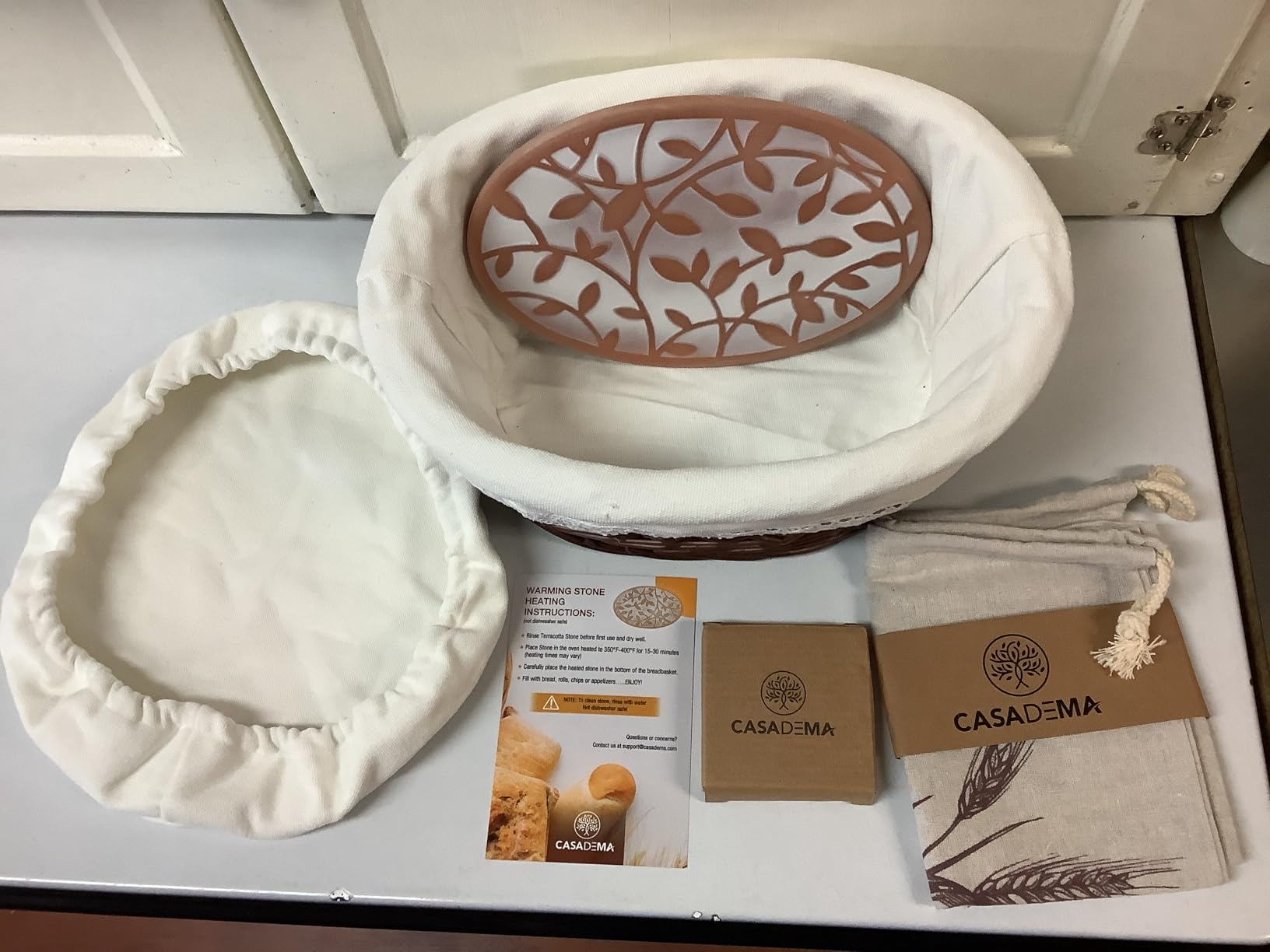 Bread Warmer Basket with Warming Stone (Large Oval 12 x 9) - Bundled w/Linen Bread Bag & Bread/Sugar Saver - Bread Baskets for Serving with liner and lid - Bread Serving Basket for Table customer photo 2