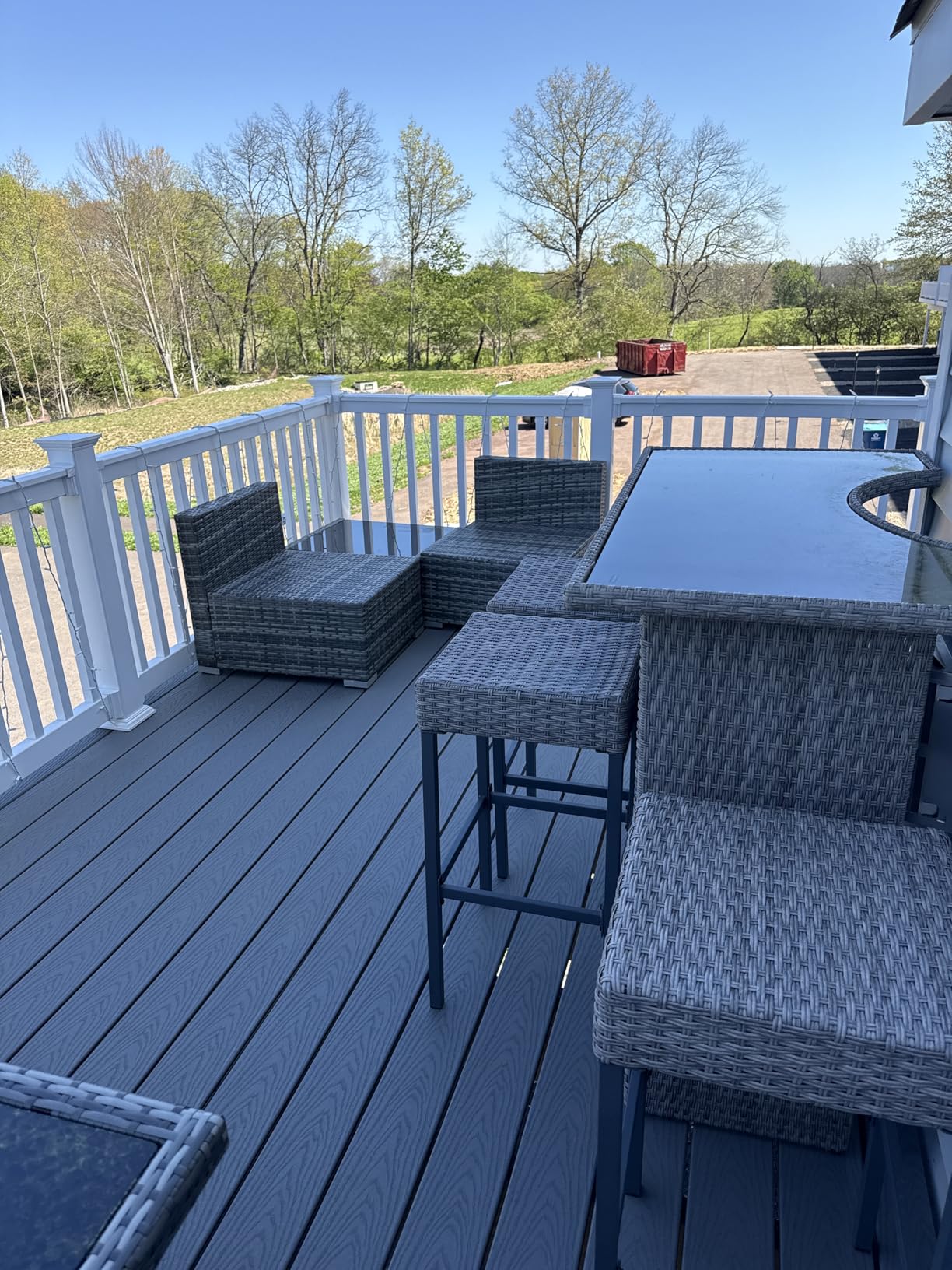 Outsunny 5 Piece Wicker Outdoor Bar Set, High Top Outdoor Table and Chairs, Height Patio Set with Glass Table Top 2 Tier Storage Shelf and 4 Bar Stools for Garden, Poolside, Dark Gray customer photo 1