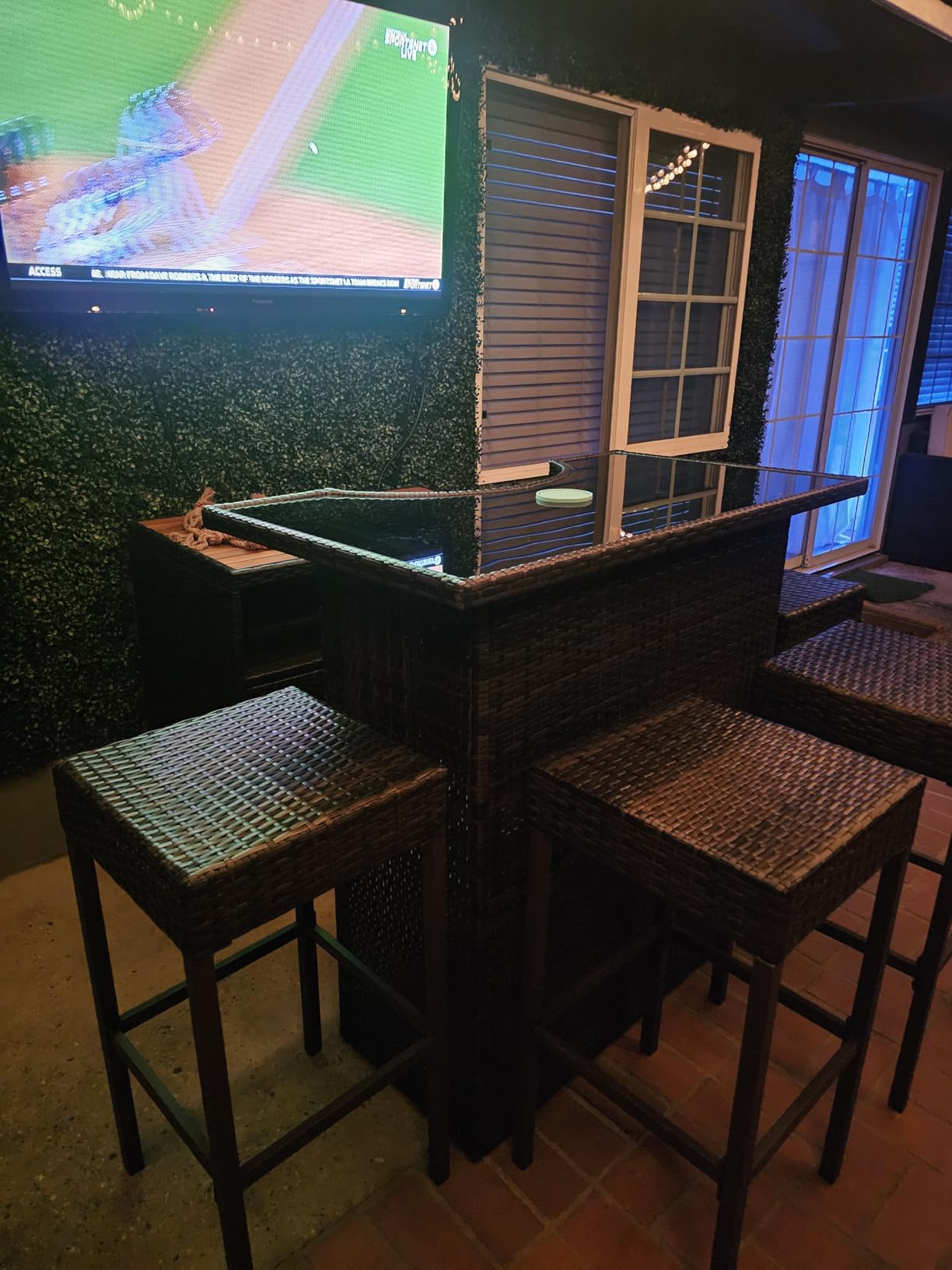 Outsunny 5 Piece Wicker Outdoor Bar Set, High Top Outdoor Table and Chairs, Height Patio Set with Glass Table Top 2 Tier Storage Shelf and 4 Bar Stools for Garden, Poolside, Dark Gray customer photo 2
