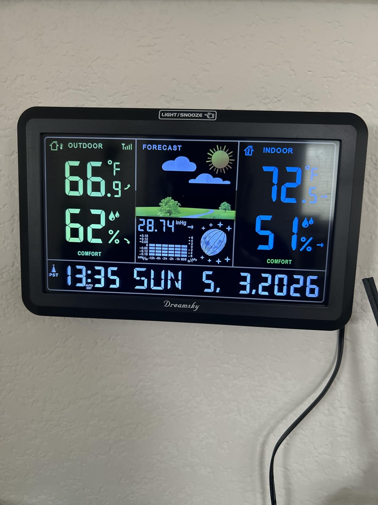 DreamSky Weather Station Indoor Outdoor Thermometer Wireless with Digital Atomic Clock for Home, Large Display with Dimmer, USB Port, Inside Outside Temperature Humidity Monitor (Plug-in) customer photo 1