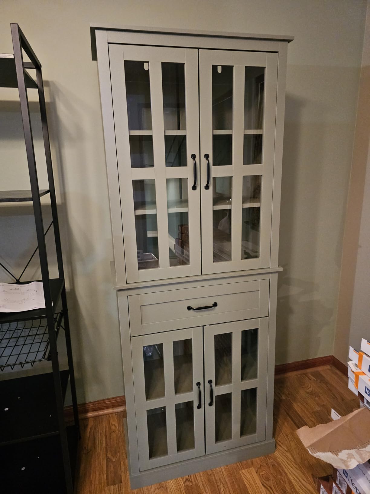 FOTOSOK 71'' Tall Kitchen Cabinet with Glass Doors and Drawer, Freestanding Food Pantry with Adjustable Shelves for Dining, Living Room, Natural customer photo 1