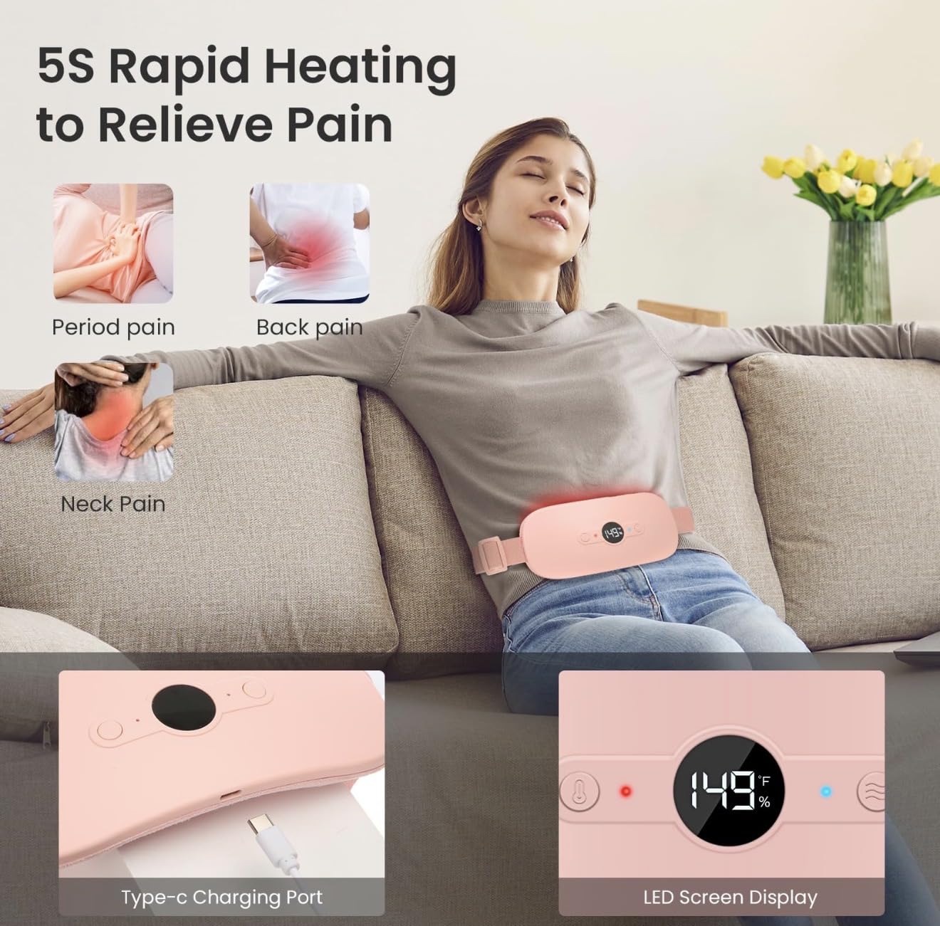 NOWWISH Heating Pad for Period Cramps Portable Electric Cordless Menstrual Heating Pad Rechargeable with 6 Heat Levels and 6 Massage Modes, Gifts for Women, Dorm Room Essentials for Girls, Pink customer photo 2