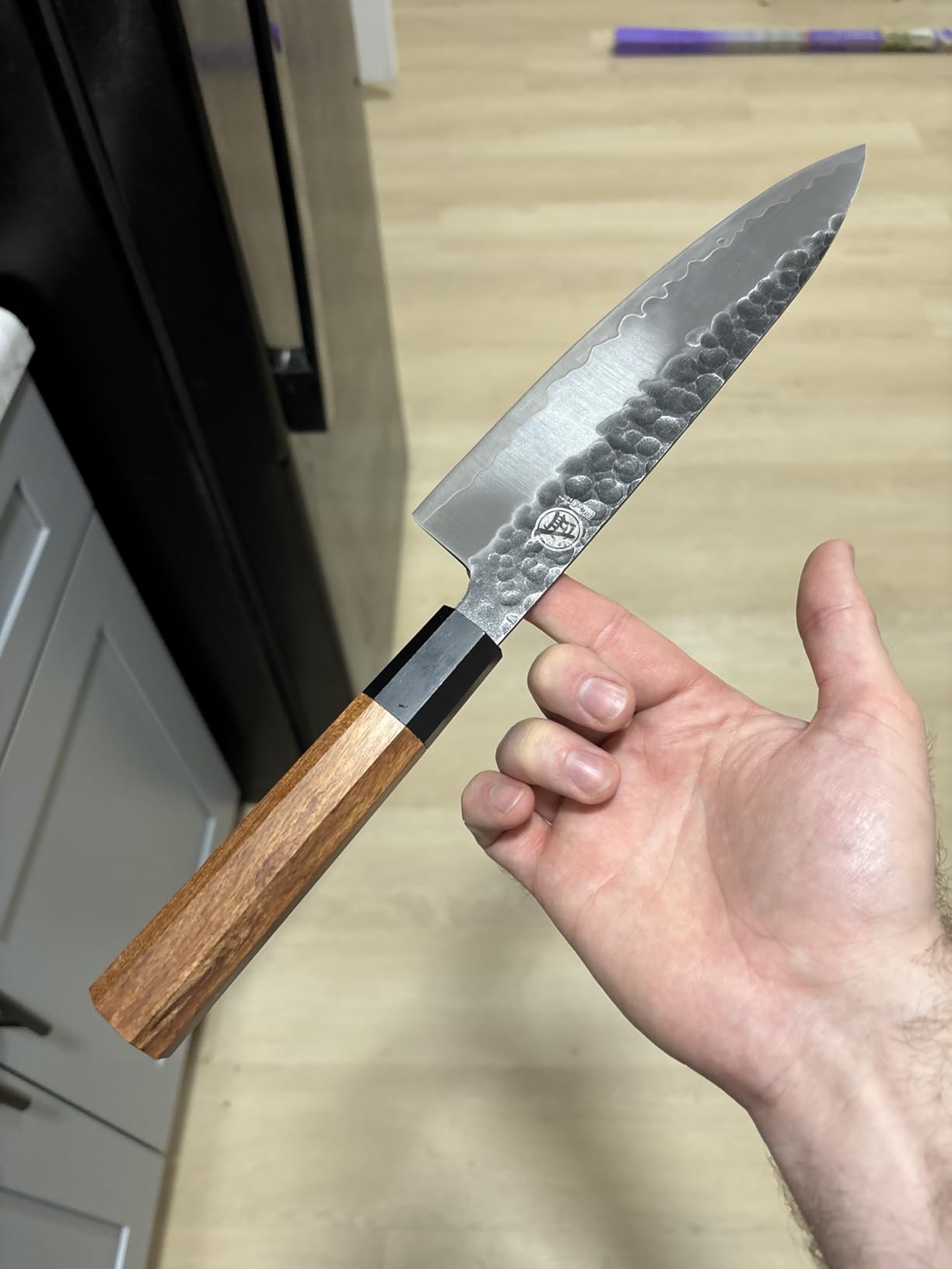 MITSUMOTO SAKARI 4-Piece Japanese Chef Knife Set, San-Mai 9Cr18MoV | Gyuto Santoku Nakiri Paring, Deep-Cryo Heat Treatment, Tsuchime Food Release, Rosewood Handles, Sandalwood Box customer photo 1