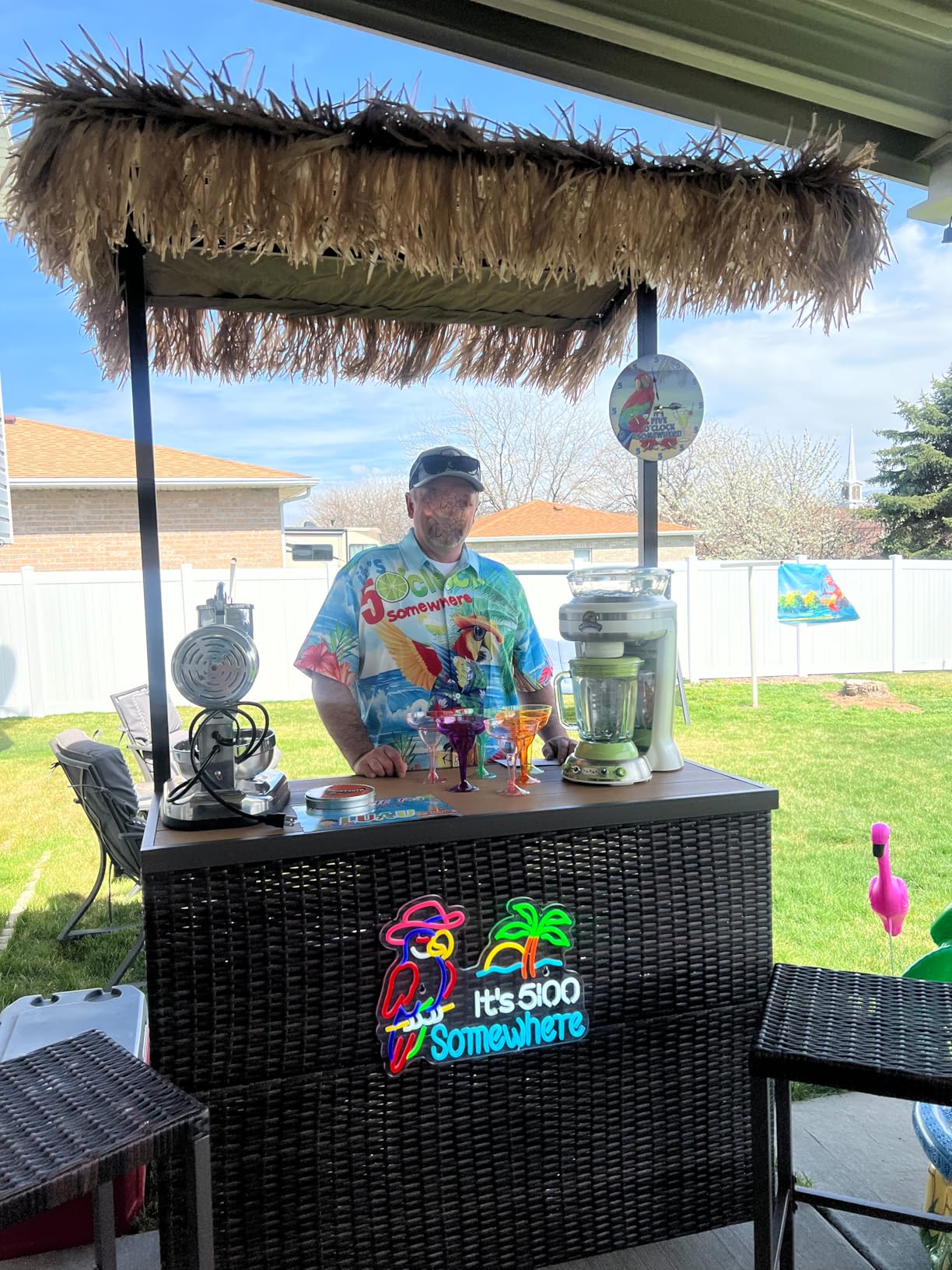 HOMREST Outdoor Tiki Bar Set, 3 Pieces Wicker Patio Bar Set w/2 Height Stools, Storage Shelf, Canopy, Plastic Wood Tabletop for Backyard Poolside Garden, Brown customer photo 1