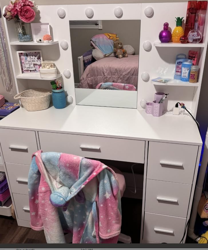 Furmax Vanity Desk with Mirror, LED Lights and Power Outlet Makeup Vanity Table with 7 Drawers and 6 Storage Shelves Dressing Table for Bedroom Dressing Room (White) customer photo 1