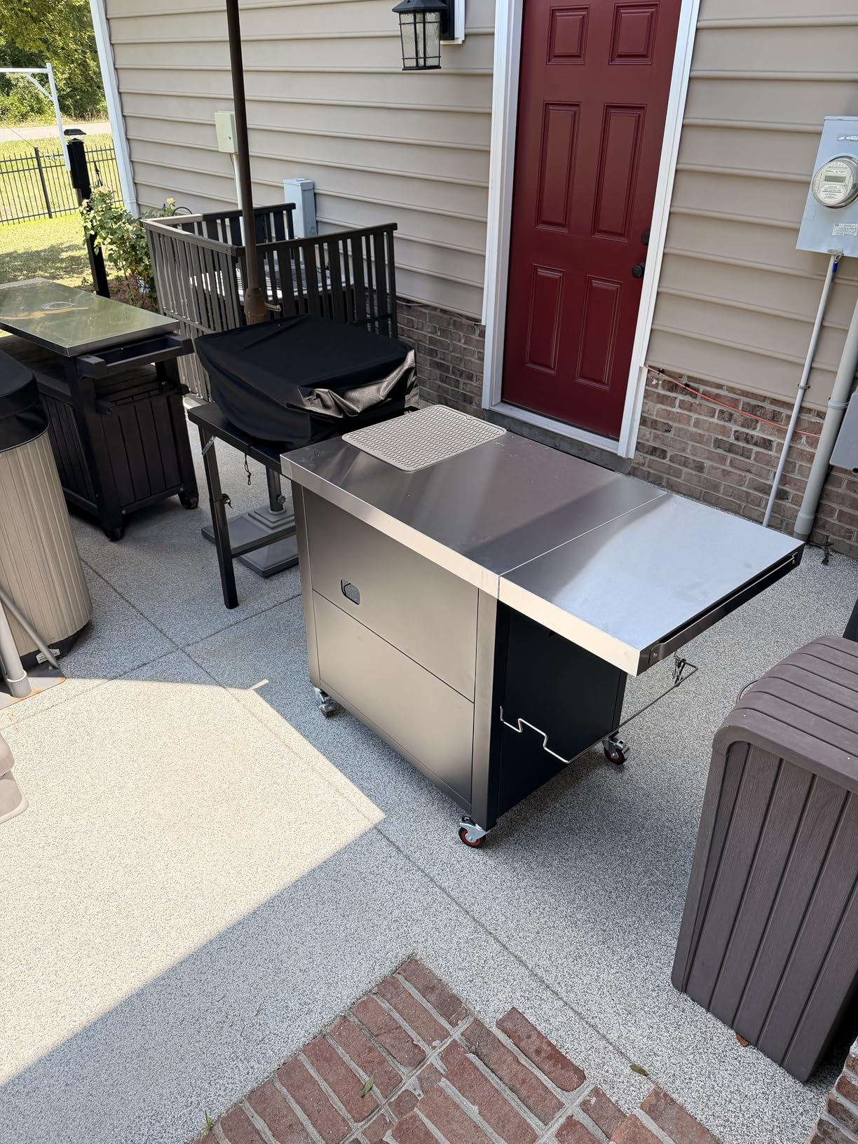 Feasto Outdoor Kitchen Island with Cabinet, Outdoor Grill Table with Stainless Steel Top for Pizza Oven & Griddles, Movable Bar Cart with Pull-Out Plate for Parties & Gathering, Heavy-Duty, L74