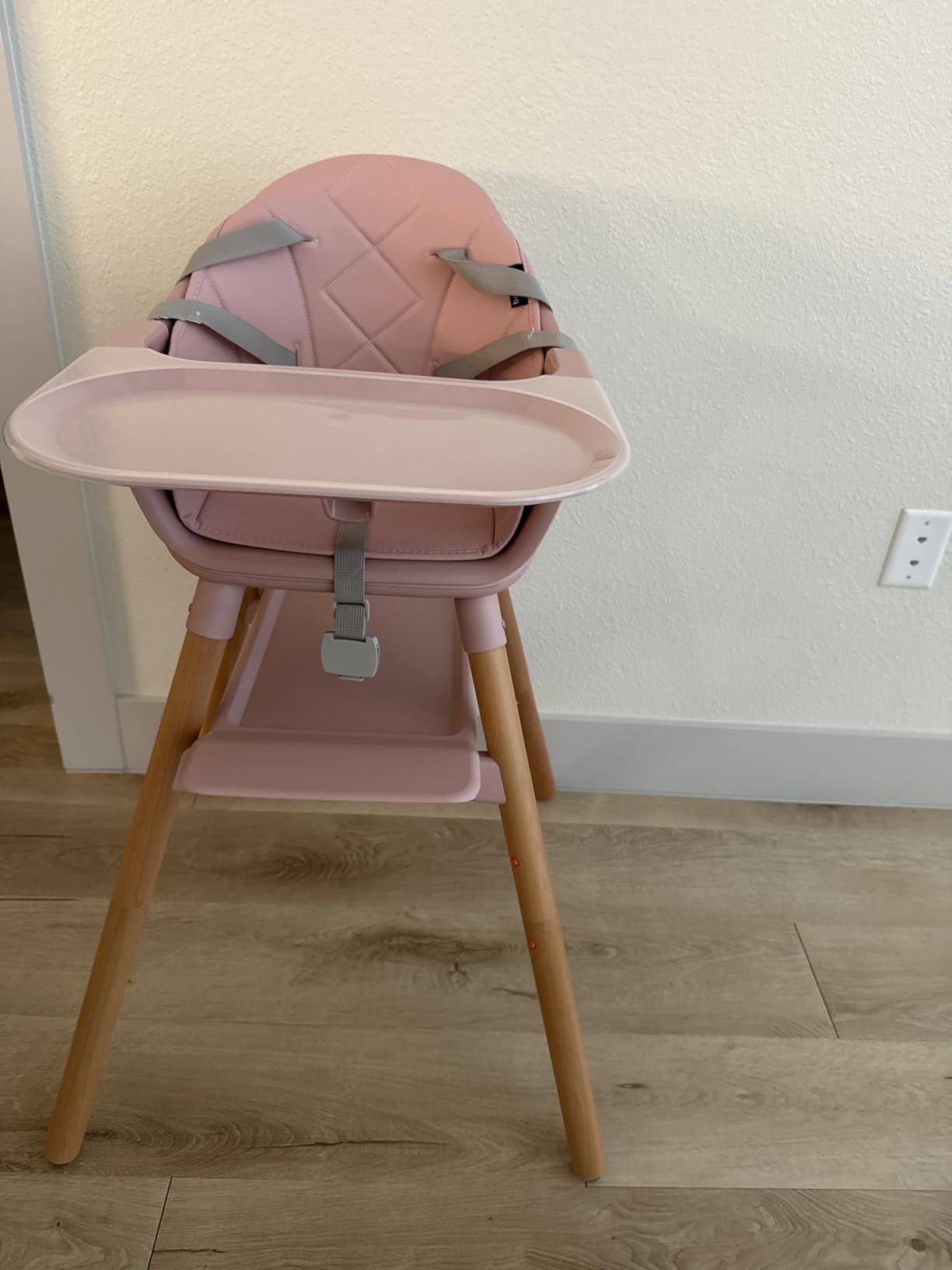 BABY JOY High Chair, 6 in 1 Convertible Wooden Highchair for Babies & Toddlers with Adjustable Legs, Double Removable Tray, Safety Harness & Waterproof PU Cushion (Beige) customer photo 1