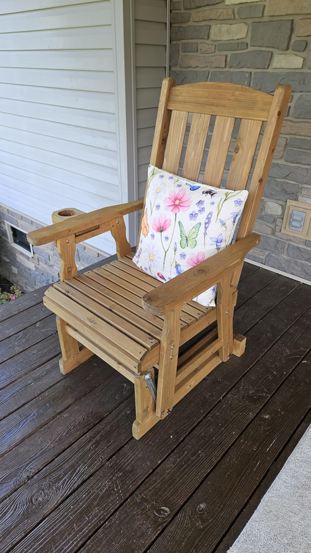 VINGLI Outdoor Glider Chair Wood Patio Glider with Cup Holder, Porch Glider with Smooth Rocking Mechanism, Heavy Duty 600 LBS customer photo 2
