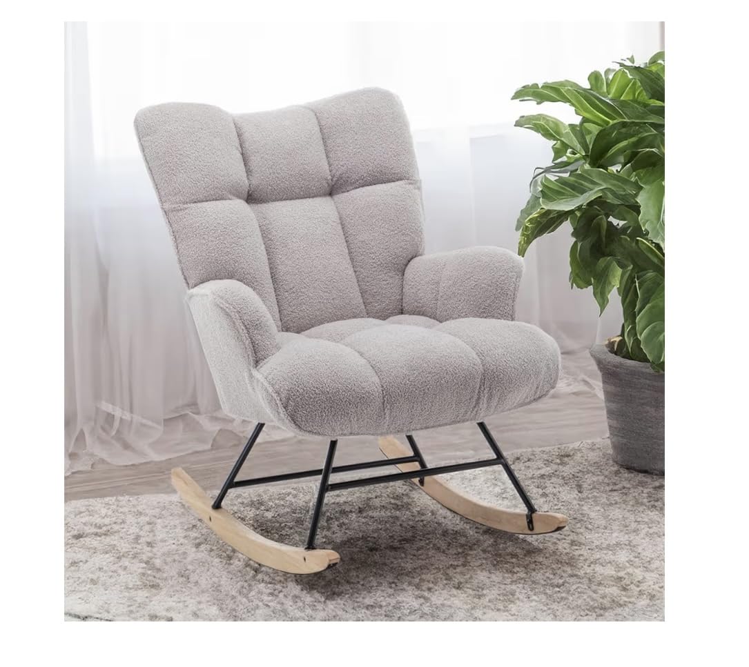 SAETSFEG Rocking Chair Nursery Teddy Upholstered Glider Rocker Rocking Accent Chair Padded Seat with High Backrest Armchair Comfy Side Chair for Living Room Bedroom Offices (Grey Teddy) customer photo 2