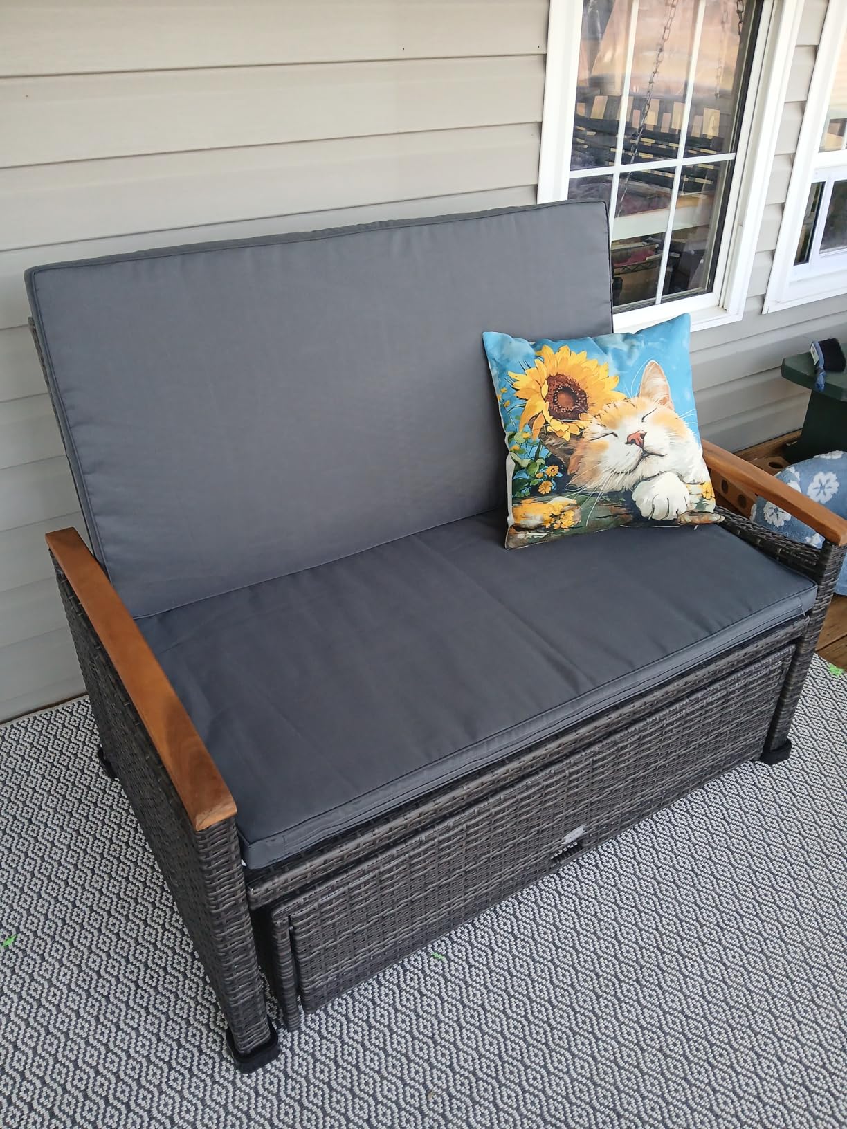 LDAILY Moccha Outdoor Wicker Daybed, Patio Rattan Loveseat Sofa w/ 4-Level Adjustable Backrest, Folding Panels, Storage Ottoman & Cushions, Lounge Furniture Set for Poolside Backyard Porch (Beige) customer photo 1
