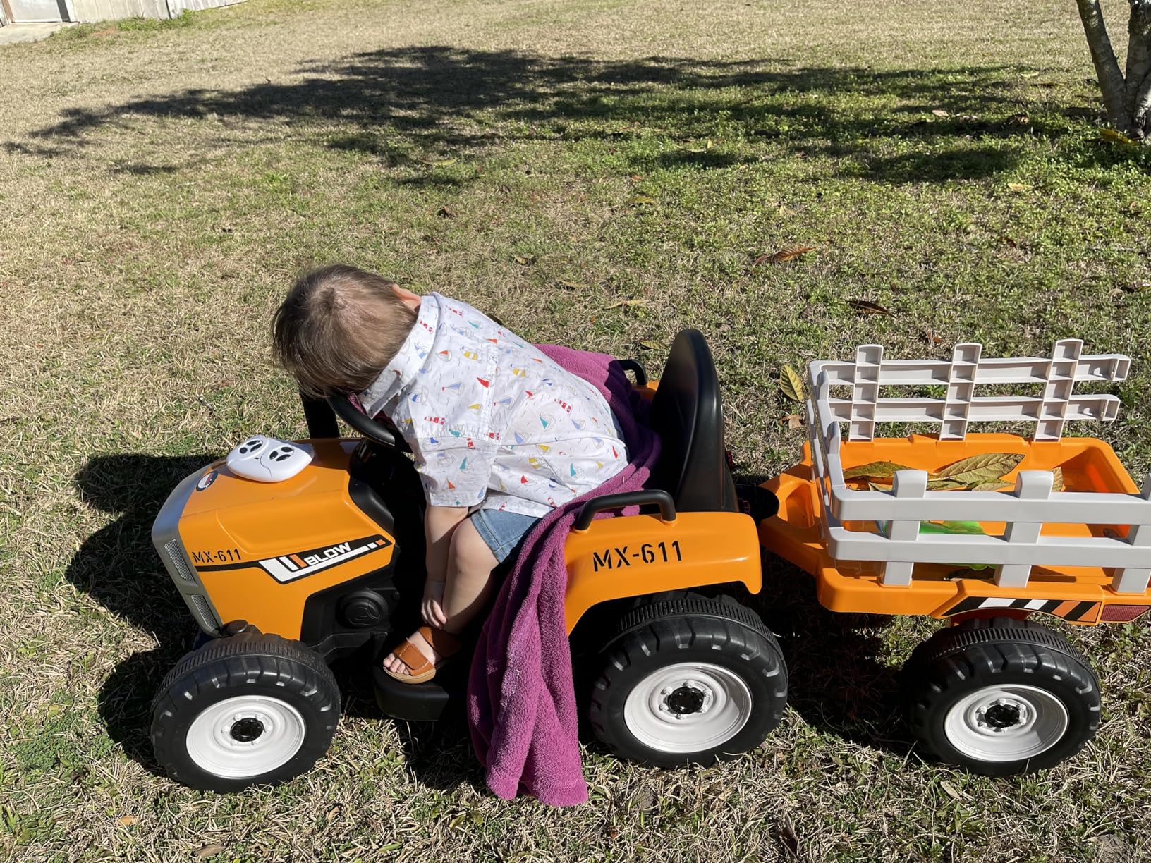 sopbost 24V Ride On Tractor with Electric Trailer 2WD Ride On Toy Car for Big Kids 6+, Remote Control, Extra Large EVA Wheels, 200 Lbs Load Capacity, Rear Suspension - Orange customer photo 2