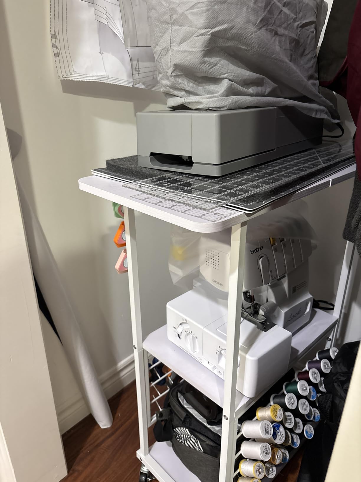 Rolling Craft Table with 56 Spools Thread Holder, 3 Storage Shelves, Portable Sewing Cabinet for Embroidery Machine, Craft Cart Organizer, White customer photo 1