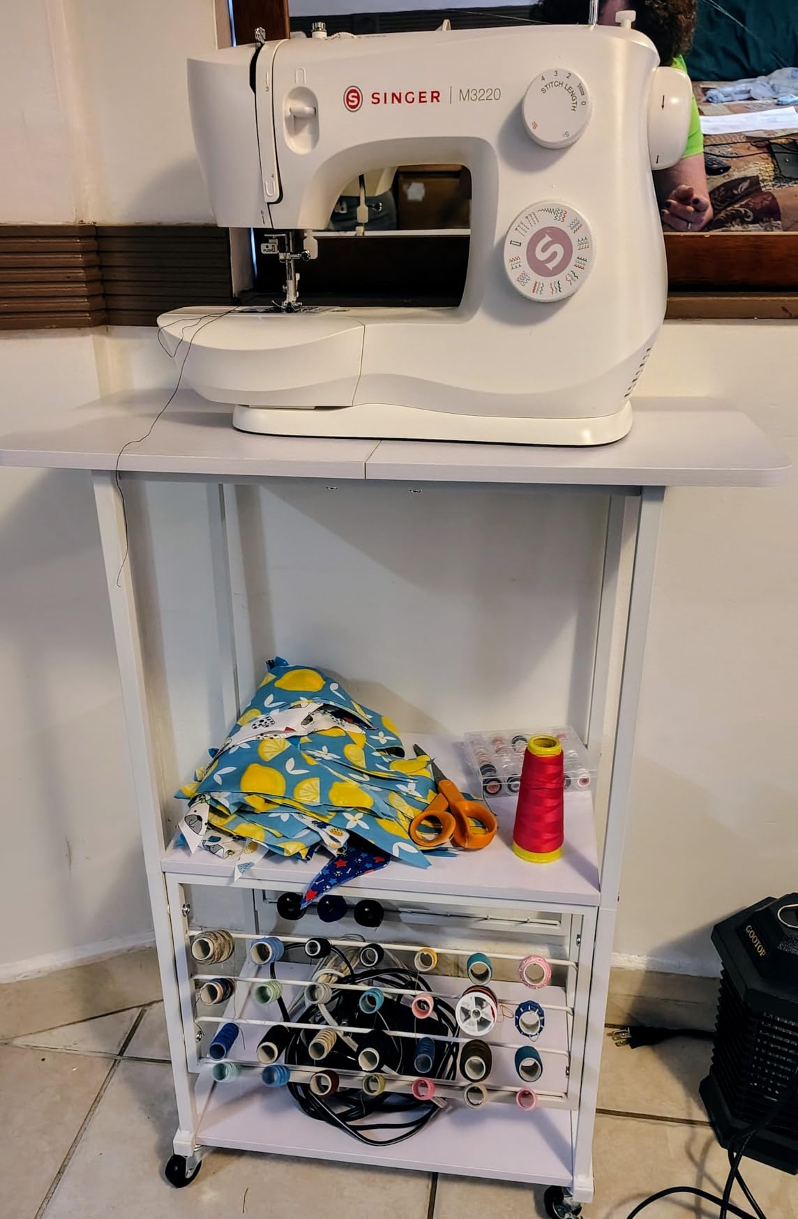 Rolling Craft Table with 56 Spools Thread Holder, 3 Storage Shelves, Portable Sewing Cabinet for Embroidery Machine, Craft Cart Organizer, White customer photo 2