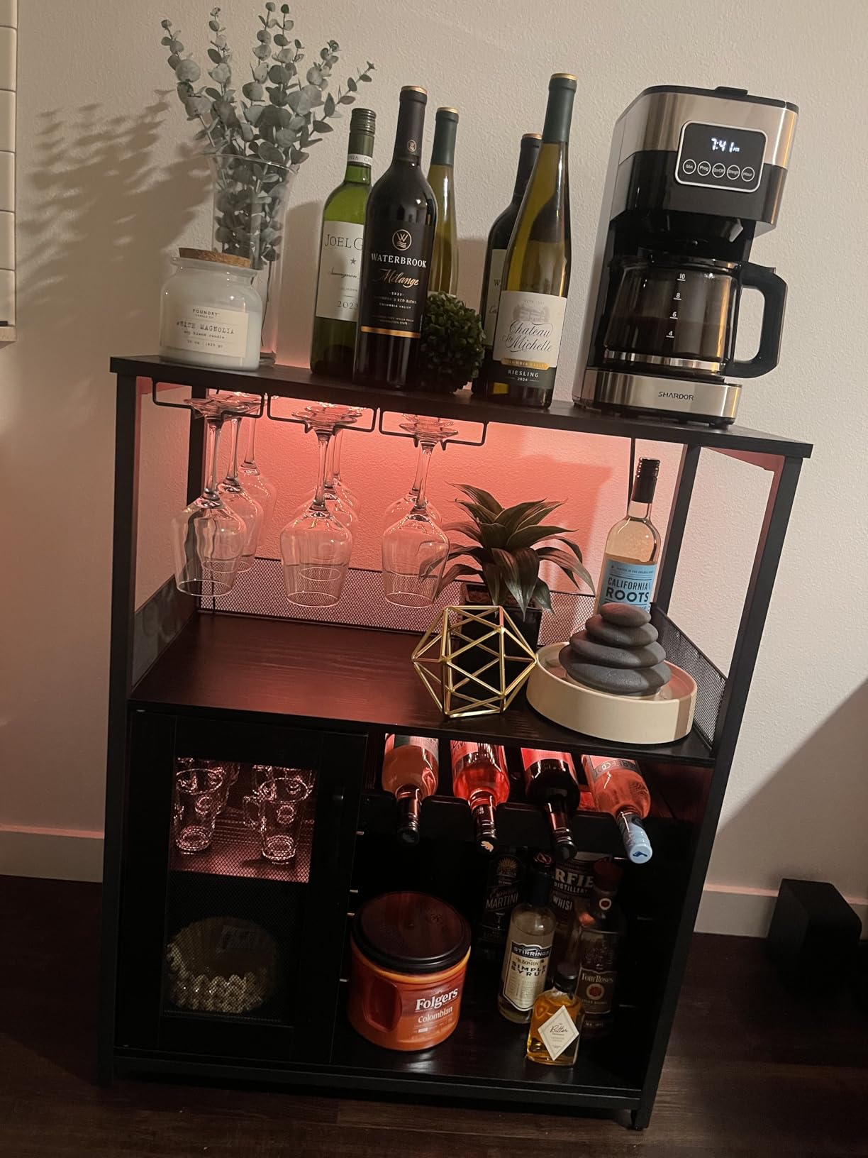 IDEALHOUSE Wine Bar Rack Cabinet with LED Light, Adjustable Shelves Coffee Bar Cabinet with Mesh Door and Baffle Design, 36