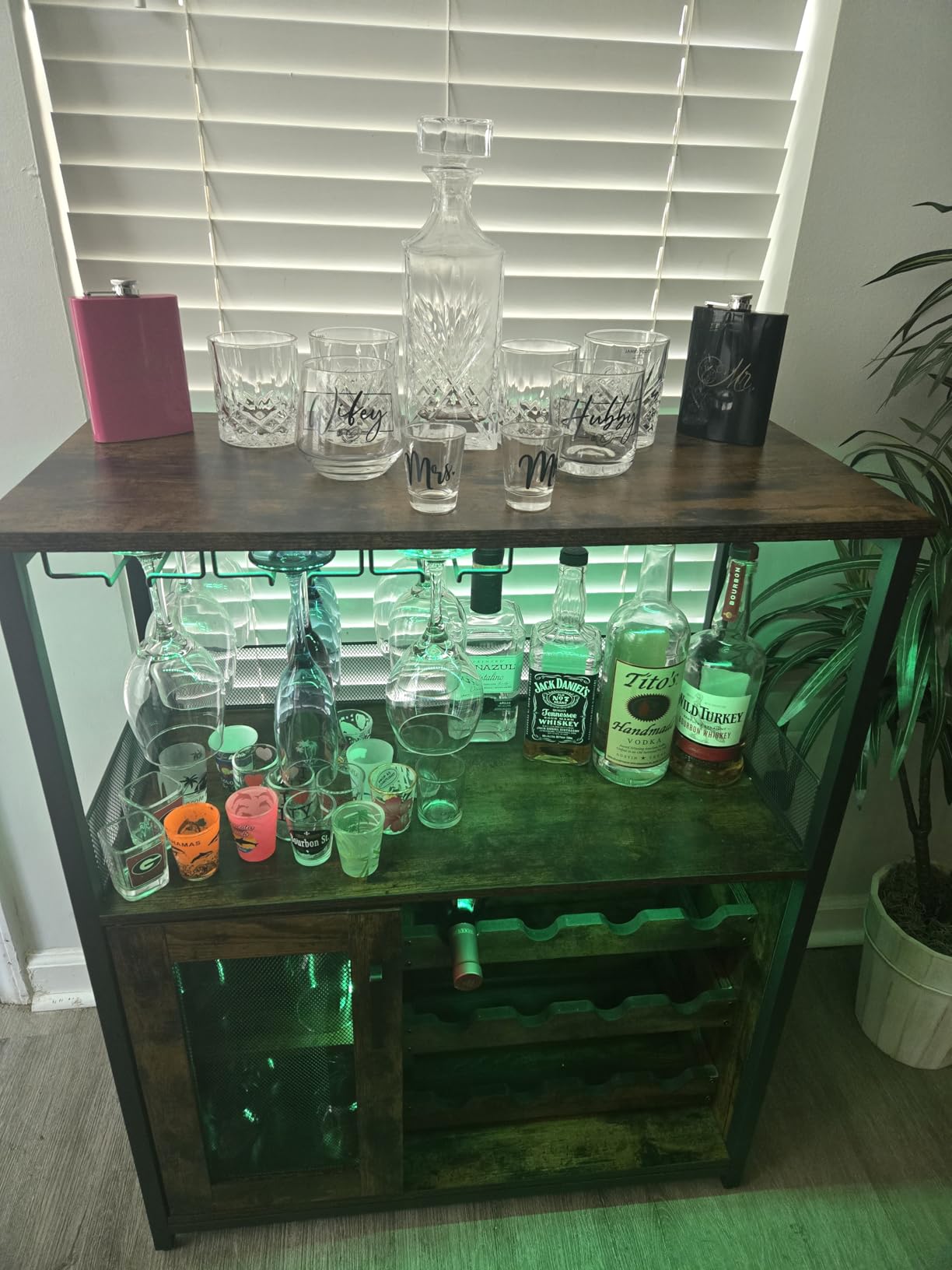 IDEALHOUSE Wine Bar Rack Cabinet with LED Light, Adjustable Shelves Coffee Bar Cabinet with Mesh Door and Baffle Design, 36