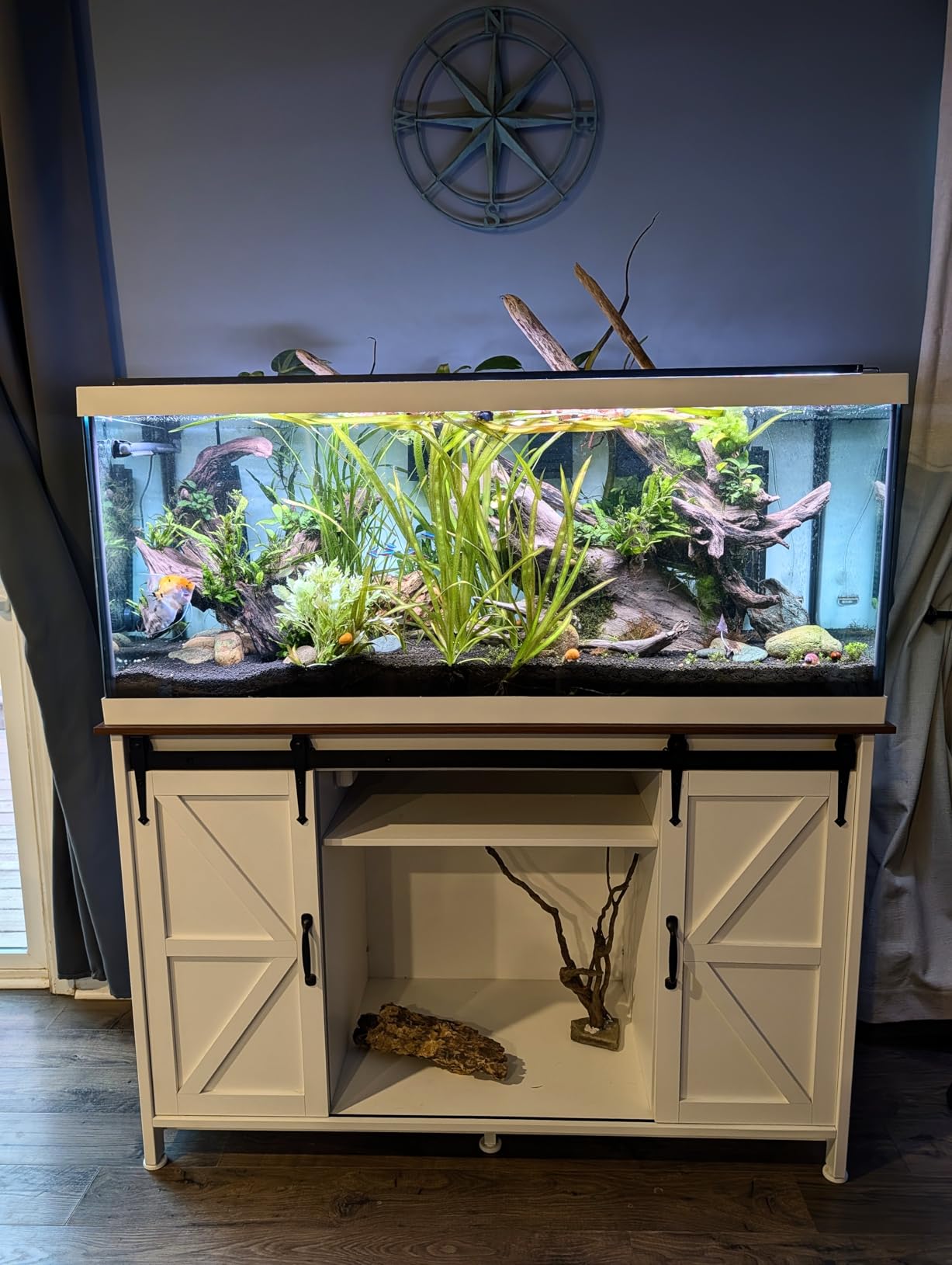 VOWNER Farmhouse 55-75 Gallon Fish Tank Stand with Power Outlet, Aquarium Stand with Storage Cabinet and Sliding Barn Door, Heavy Duty Reptile Tank Stand, for 2 Tanks, 1000LBS Capacity, Grey customer photo 2