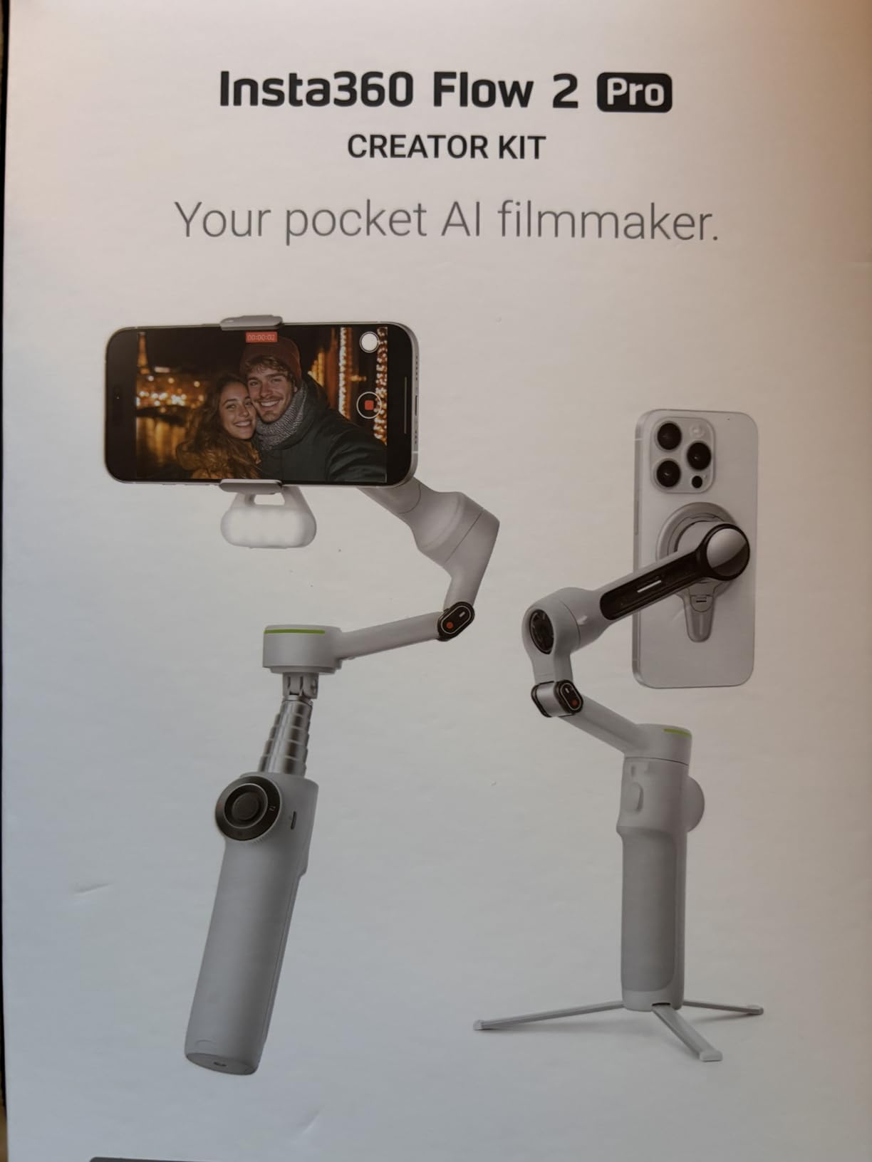 Insta360 Flow 2 Pro Creator Bundle Grey - Foldable AI Phone Gimbal, Apple DockKit, 360 Degree Pan Tracking, Free Tilt Mode, Built-in Tripod/Selfie Stick, Portable Vlog/Travel Stabilizer, Spotlight, MagSafe customer photo 1