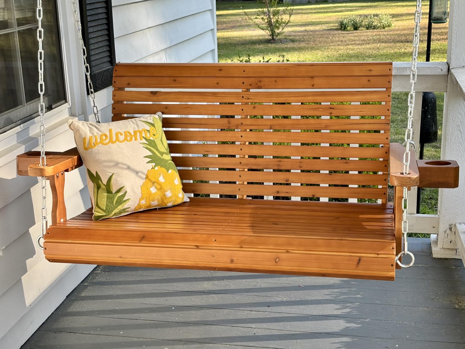 Wooden Porch Swing 2-Seater, High Backrest and Deep Seat, Bench Swing with Cupholders, Hanging Chains and 7mm Springs, Heavy Duty 880 LBS, for Outdoor Patio Garden (Cedar Tone - 4 FT Extra Large) customer photo 2