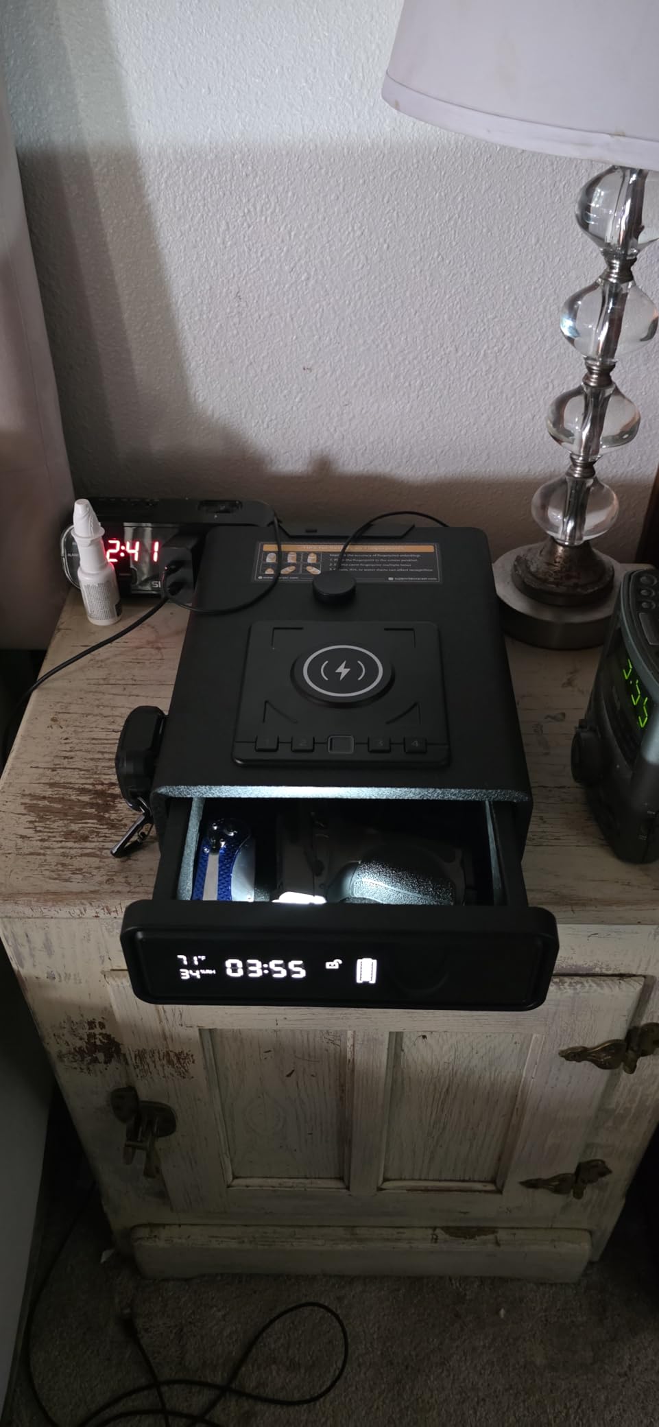 ORARAER Biometric Smart Gun Safe with Wireless Charging, 3 Quick Access Money Box with Fingerprint - Compact Bedside Drawer Safe, 24/7 Digital Clock handgun safe customer photo 2